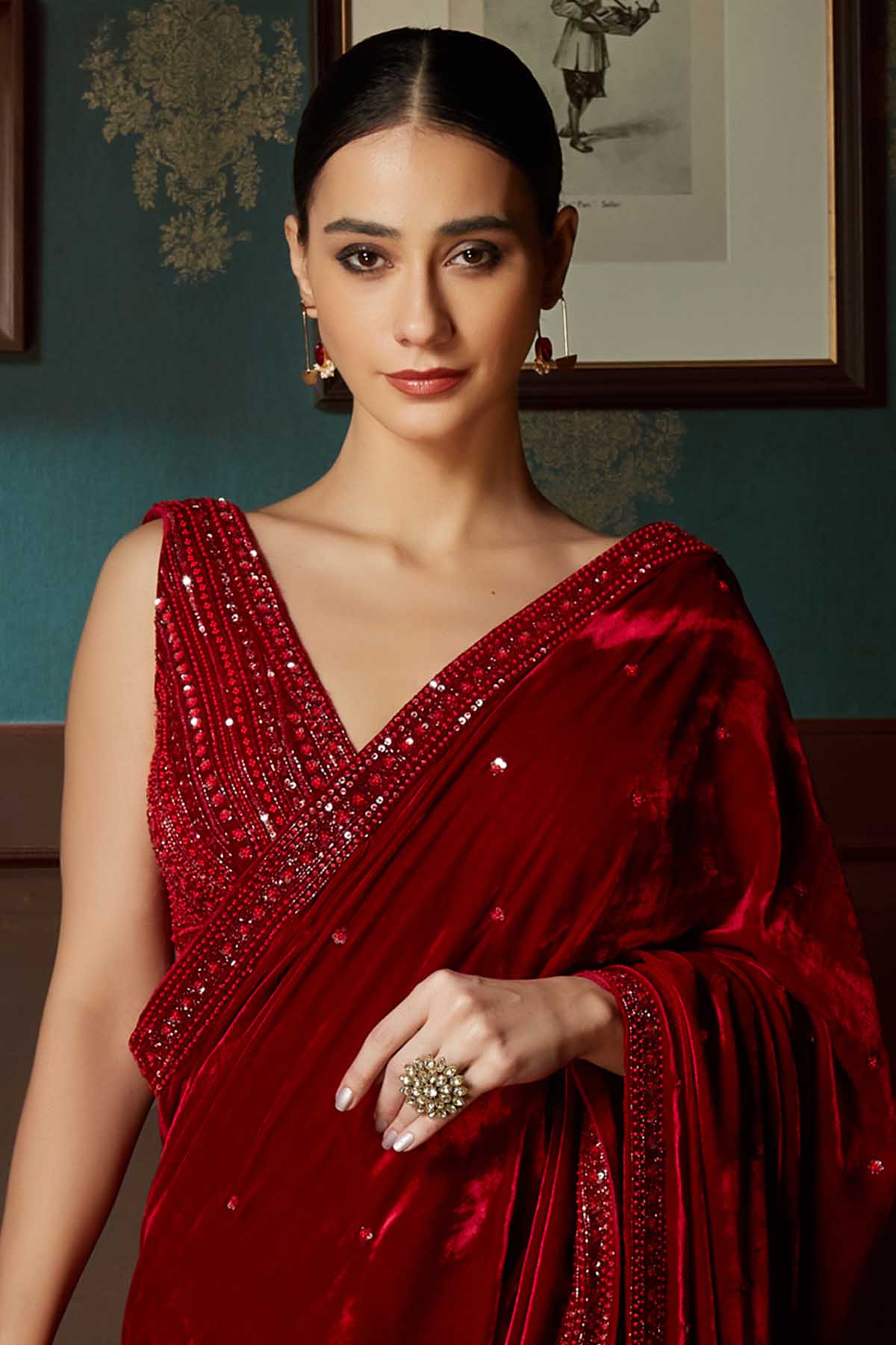 Red Velvet Pre-Draped Saree