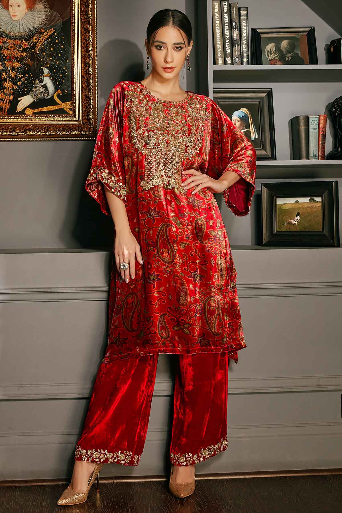 Priyanka Jain Red Velvet Print Kurta & Pants for women online at ScrollnShops