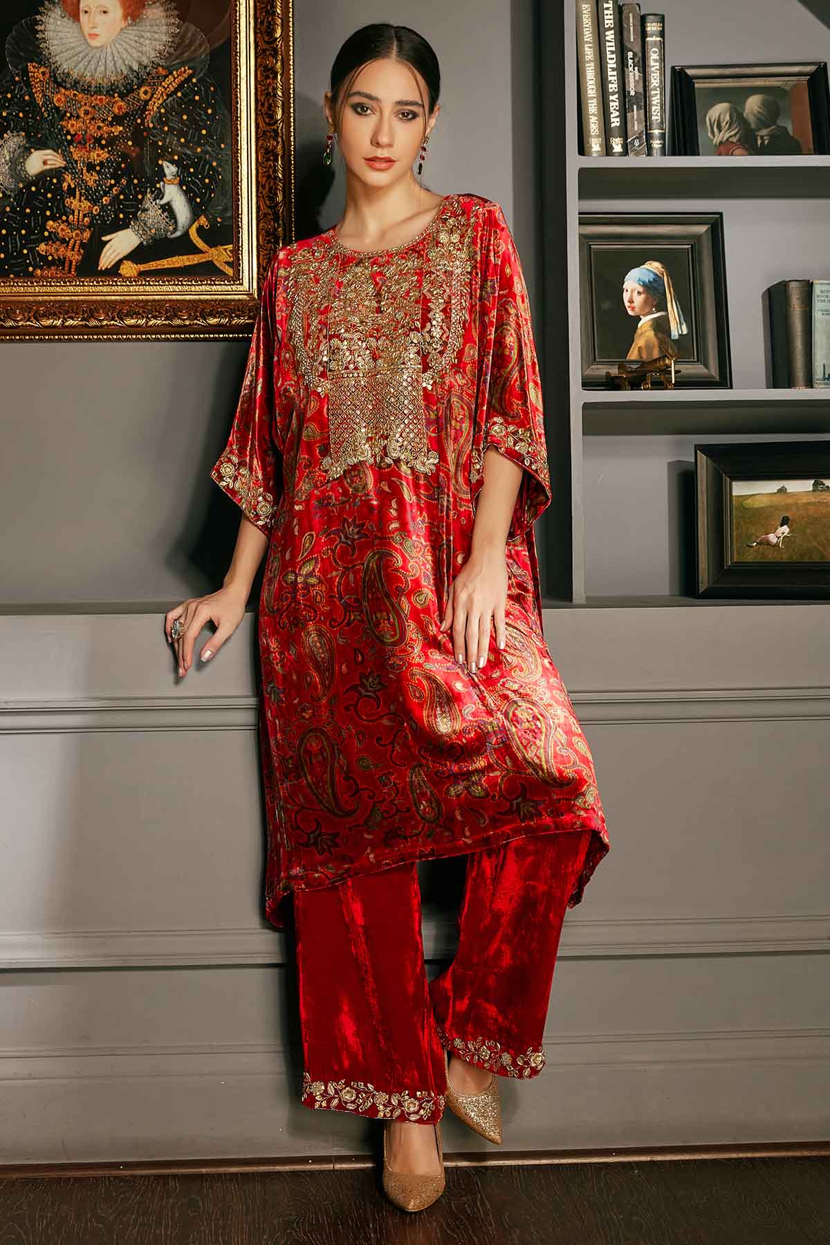 Red Velvet Print Kurta & Pants
