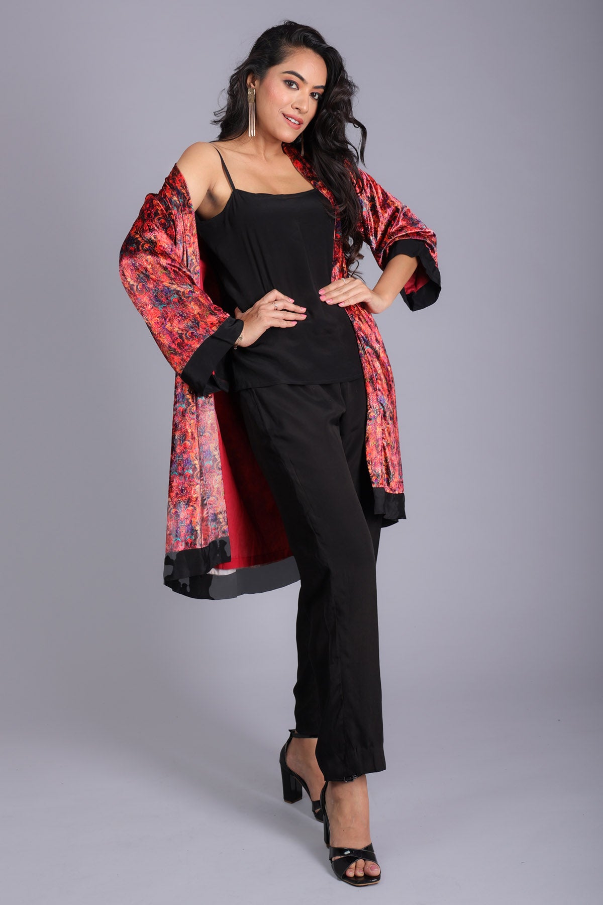 Red Velvet Printed Long Jacket