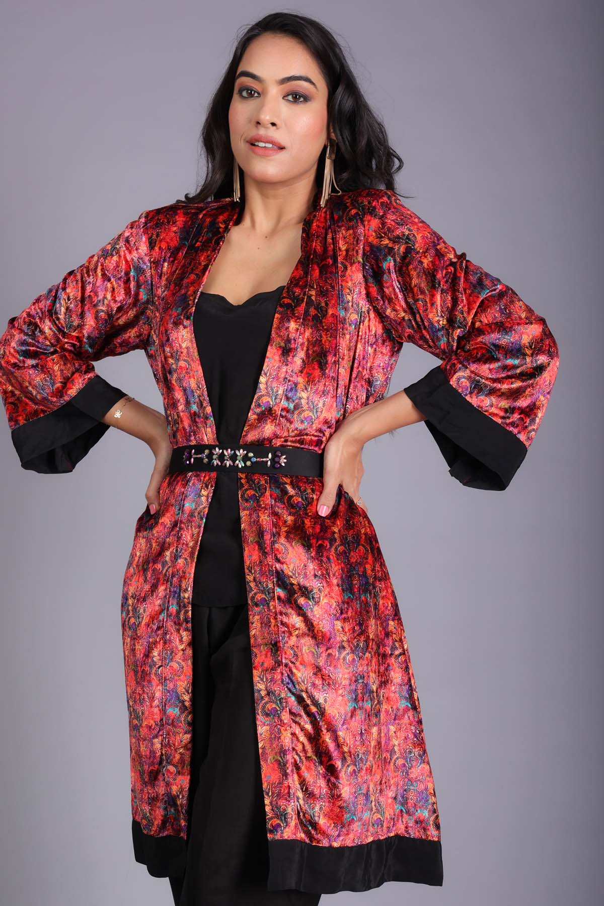 Etti Kapoor Red Velvet Printed Long Jacket for women online at ScrollnShops