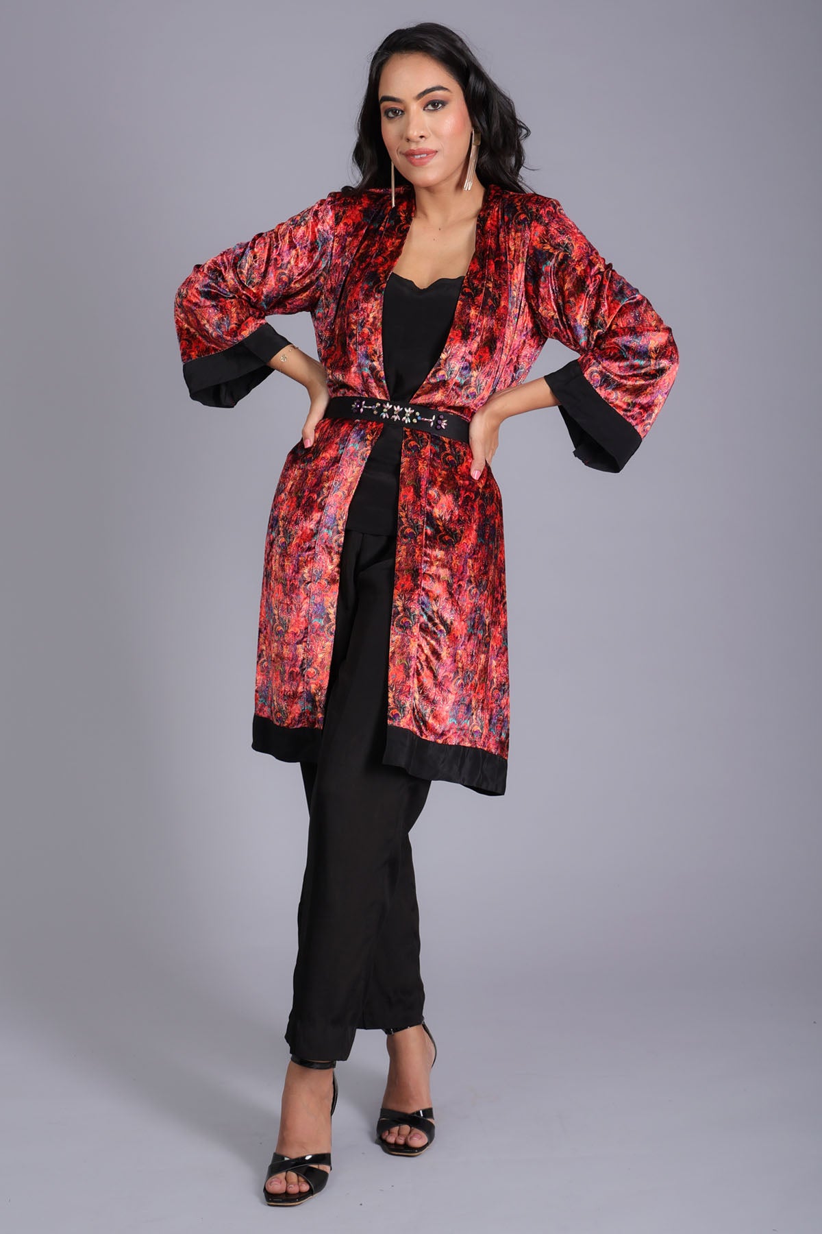 Red Velvet Printed Long Jacket