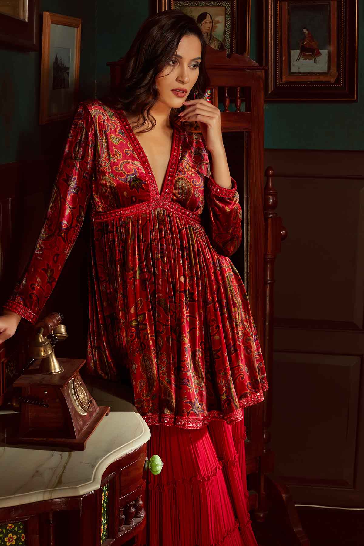 Red Velvet Printed Sharara Set