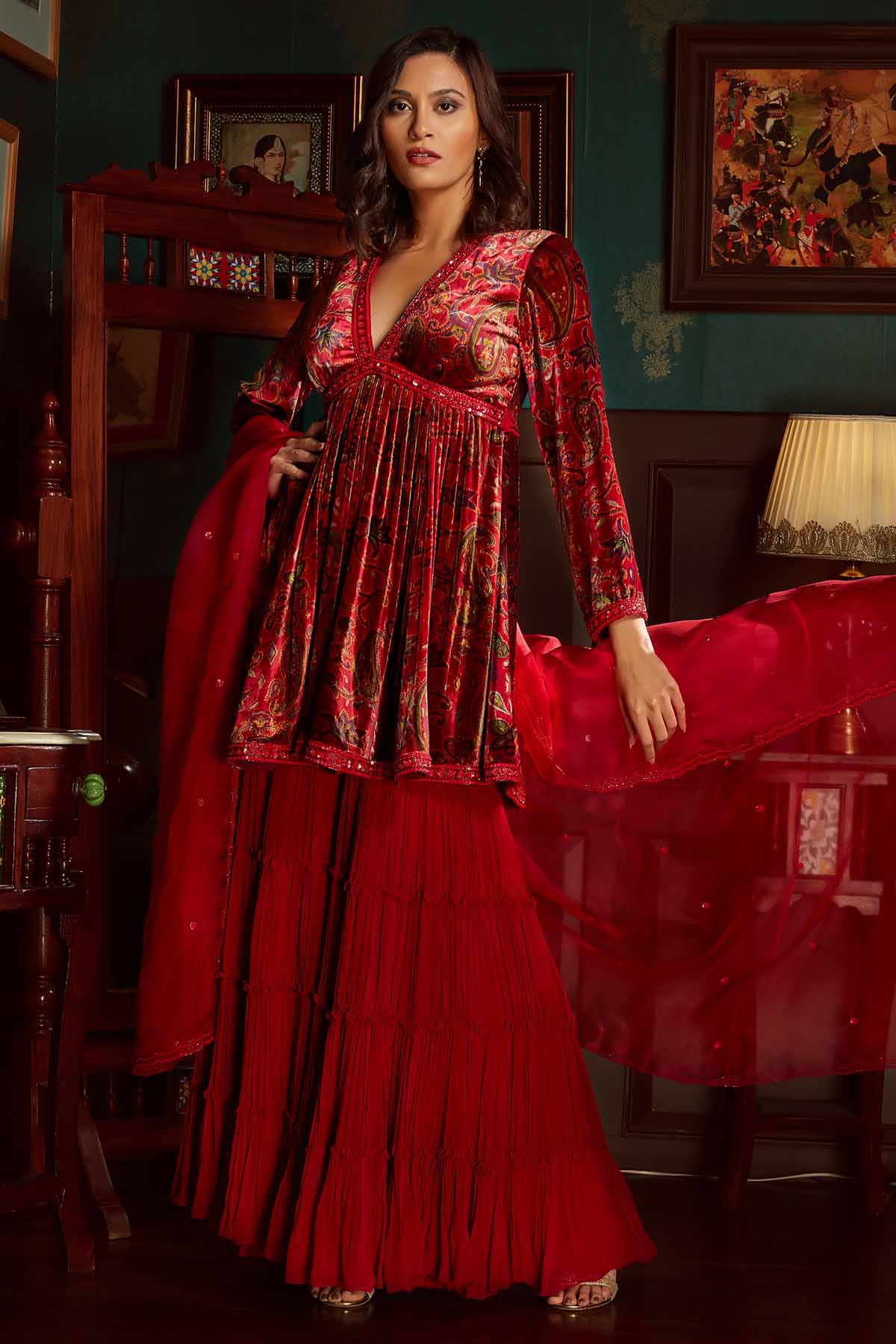 Priyanka Jain Red Velvet Printed Sharara Set for women online at ScrollnShops