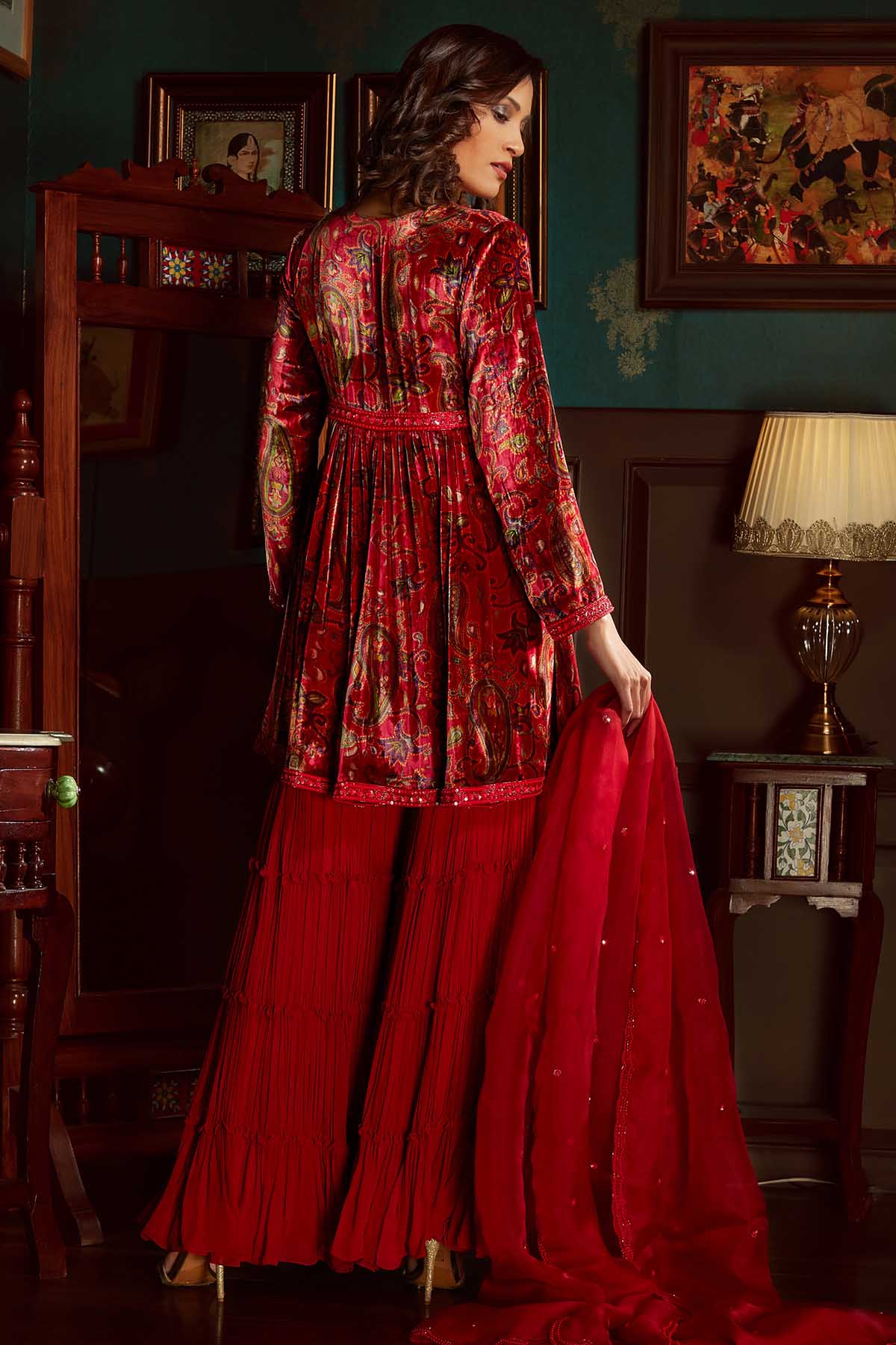 Red Velvet Printed Sharara Set