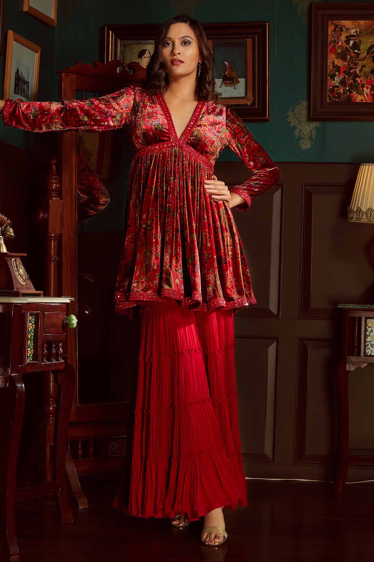Red Velvet Printed Sharara Set