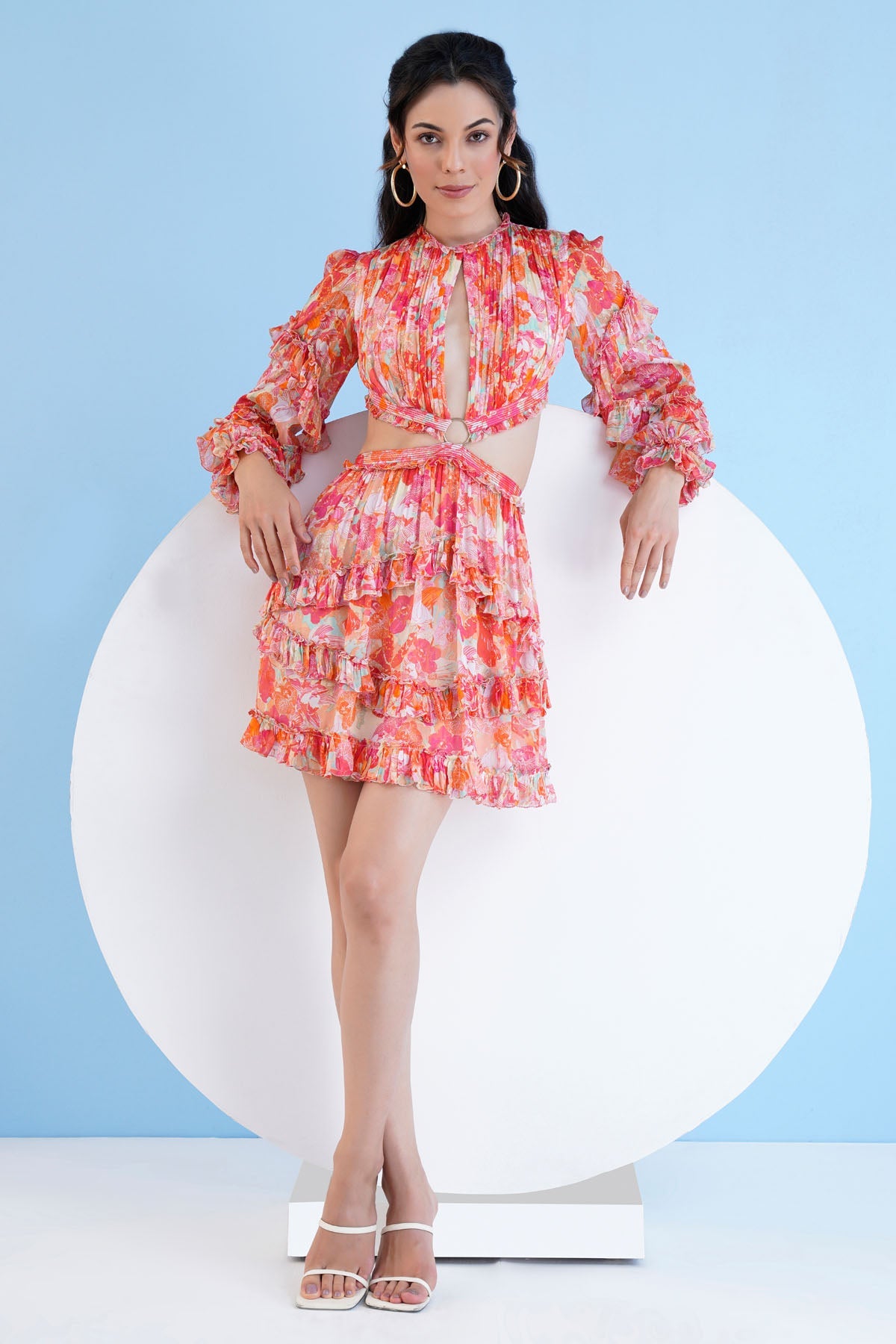 Buy Mandira Wirk Crimson Cascade: Short Floral Chiffon Dress with Cutout For Women at ScrollnShops