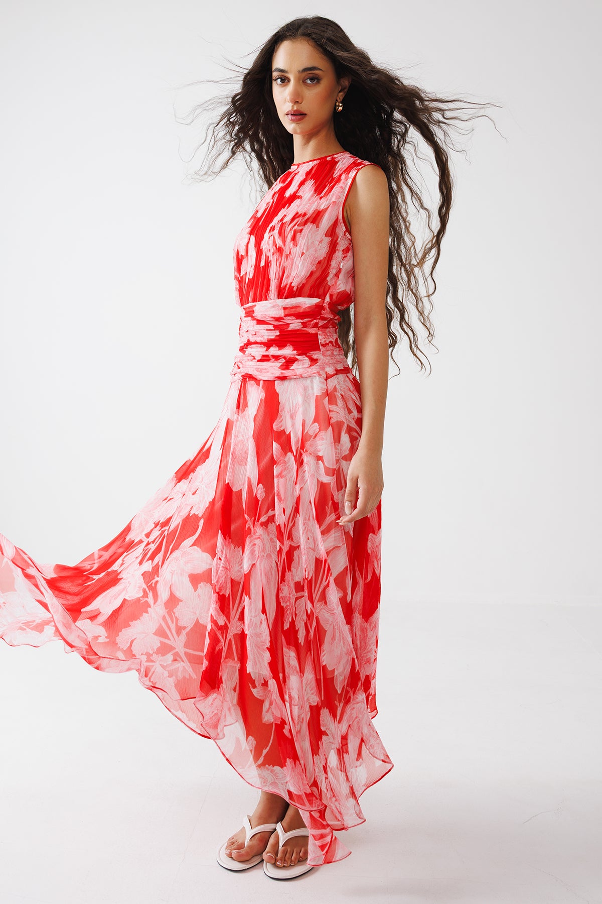 Red White Floral Printed Dress