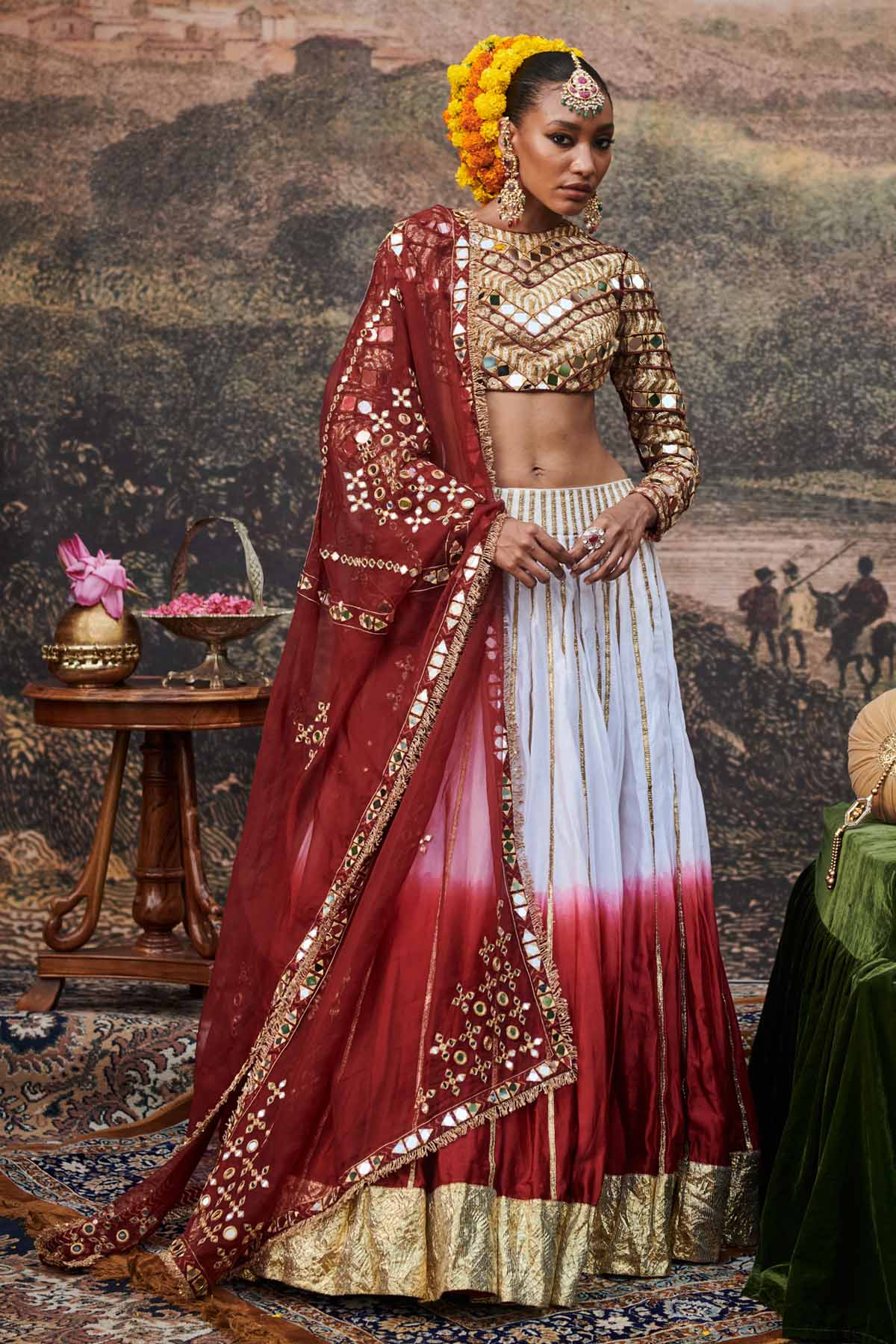 Buy ITRH, Designer Red & White Gota Lehenga Set Online