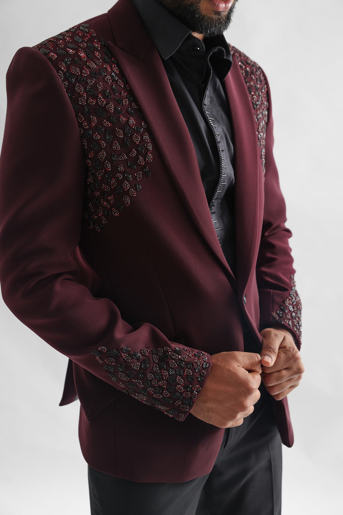 Red Wine Embroidered Tuxedo Set