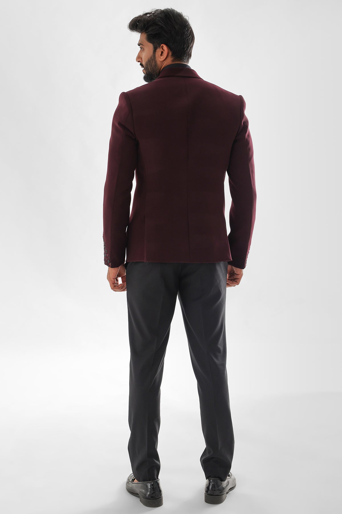Red Wine Embroidered Tuxedo Set