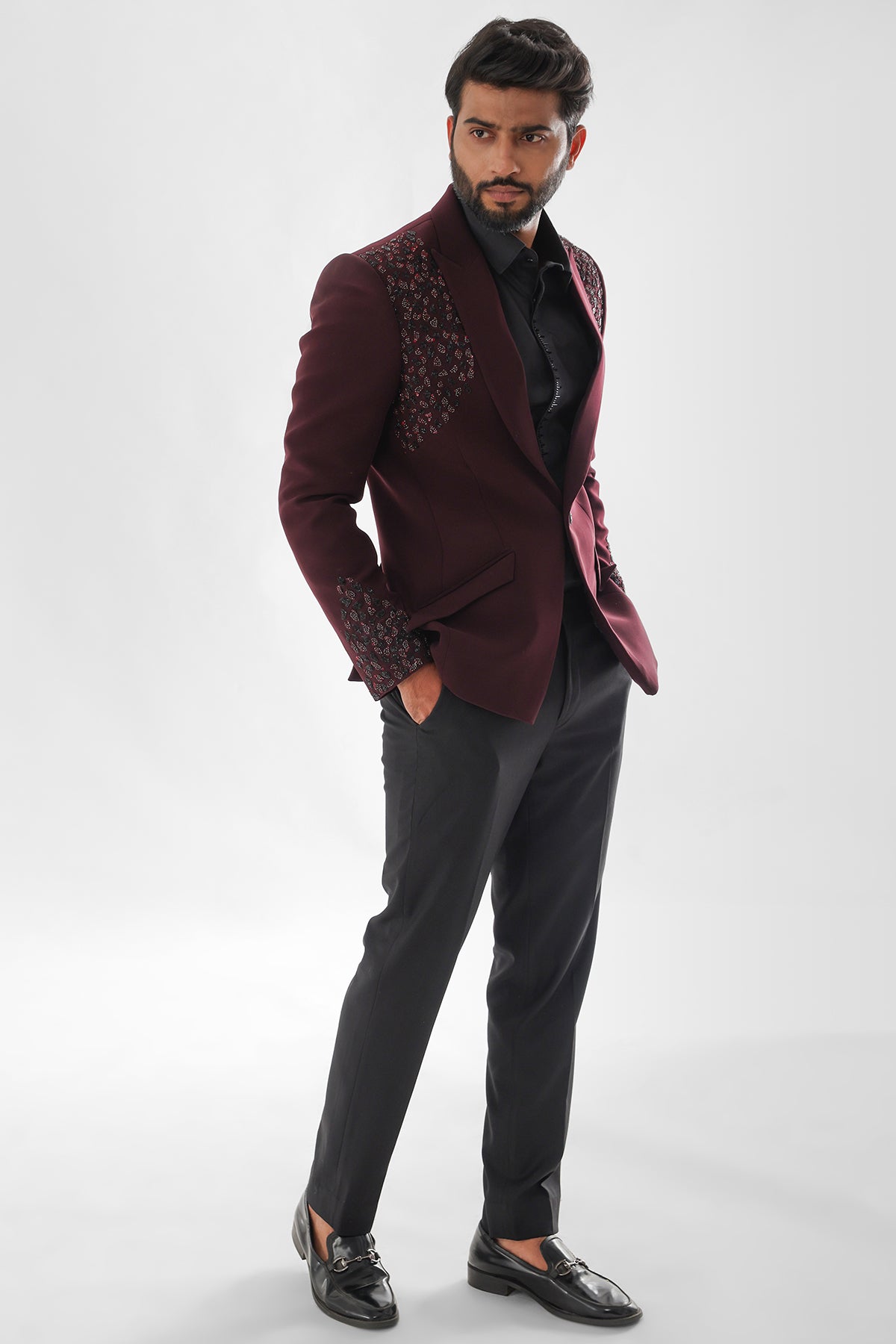 Red Wine Embroidered Tuxedo Set