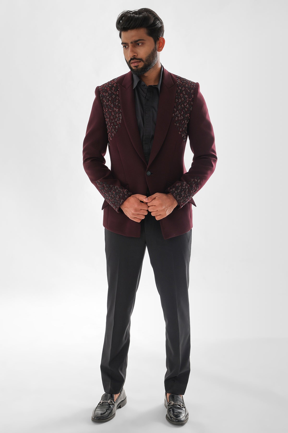 Buy Red Wine Embroidered Tuxedo Set for men by Paarsh Atelier online available at scrollnshops