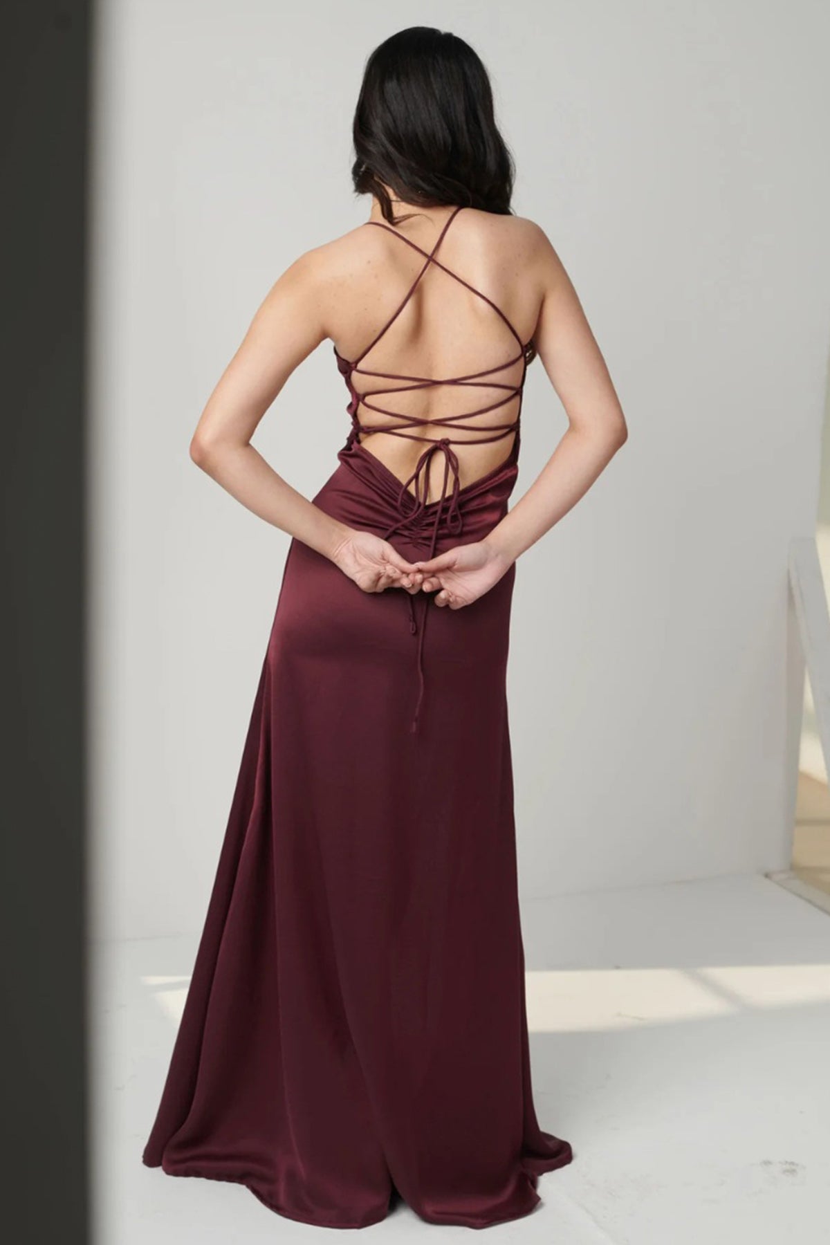 Red Wine Satin Low Cut Dress