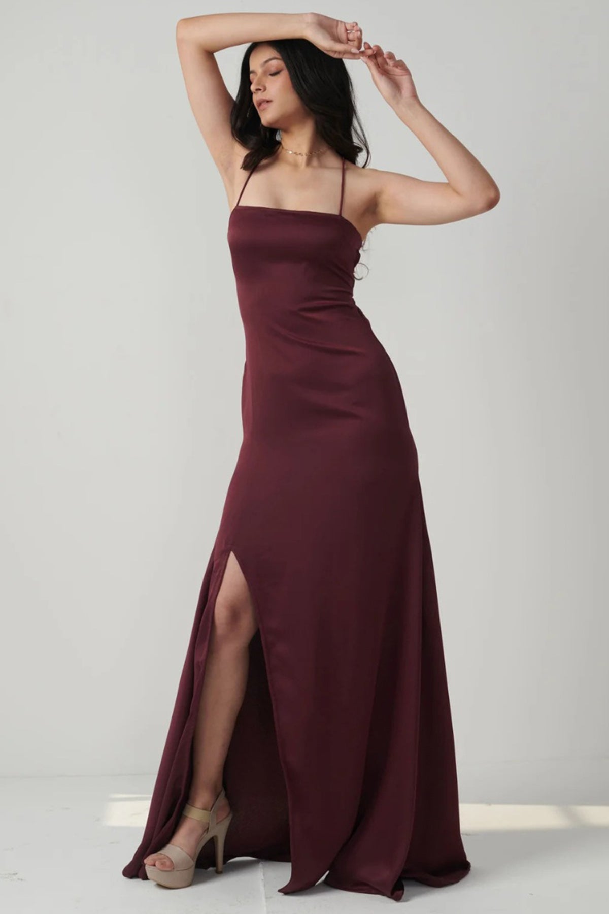 Buy Red Wine Satin Low Cut Dress for women online available at ScrollnShops