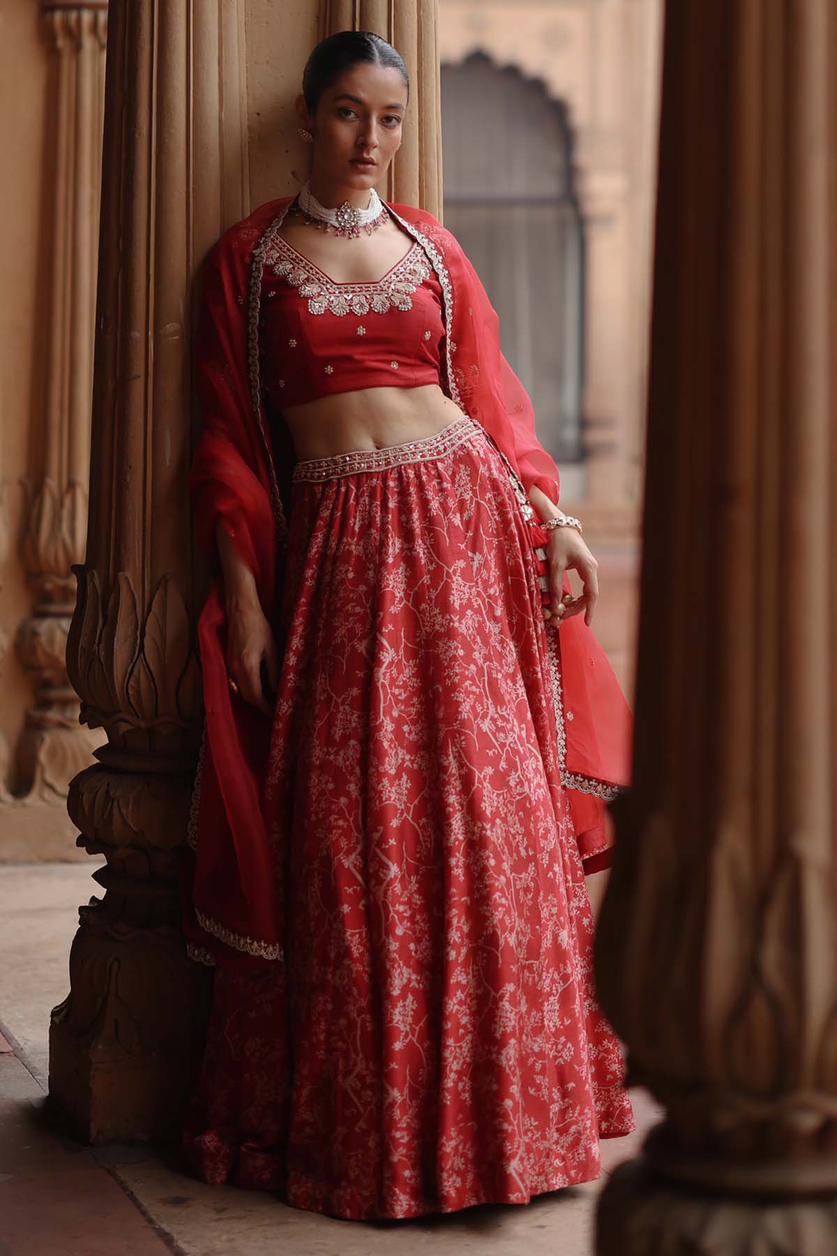 Megha Pitti Red Zardosi Print Lehenga Set for women online at ScrollnShops