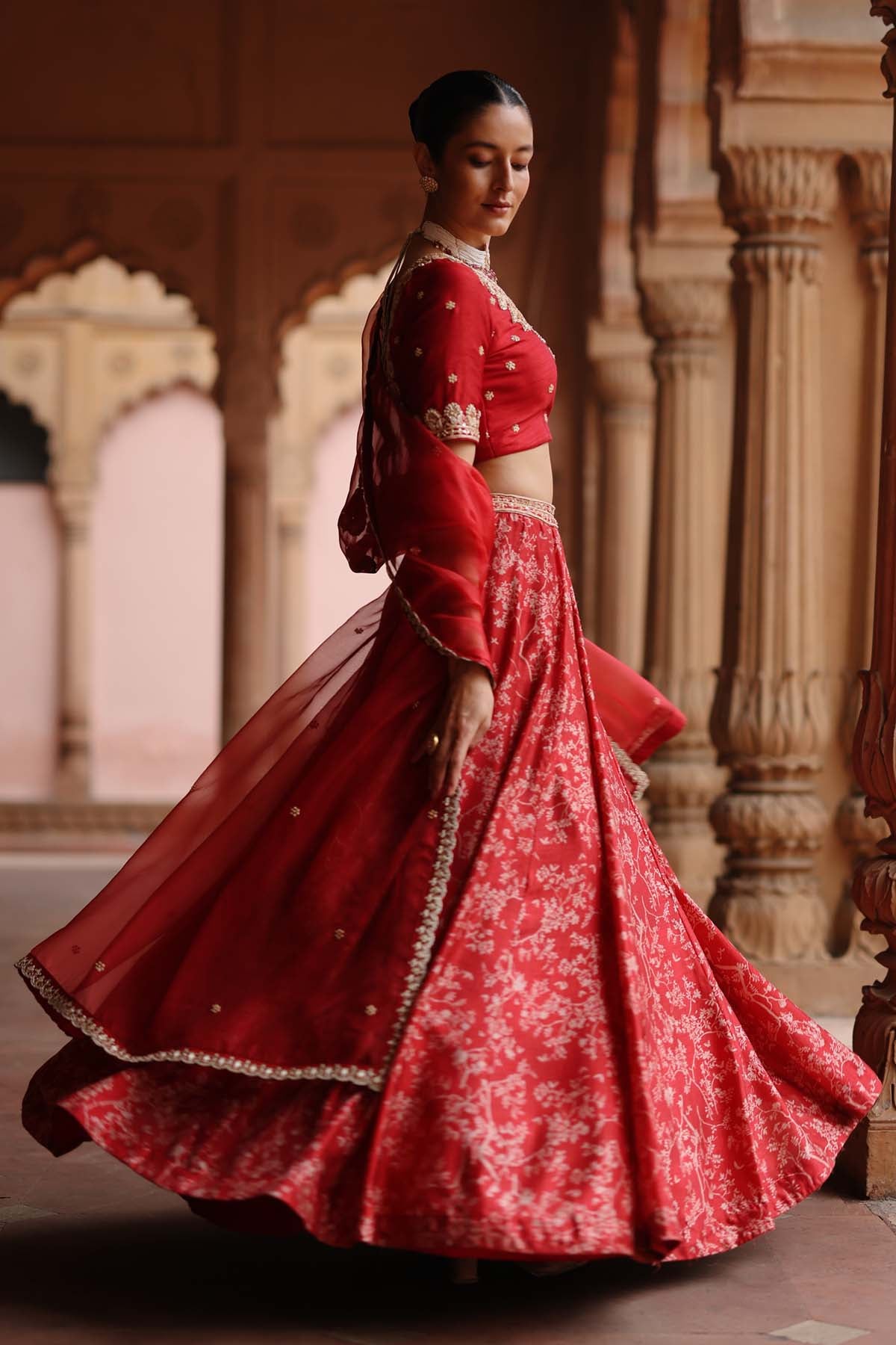 Red Zardosi Print Lehenga Set