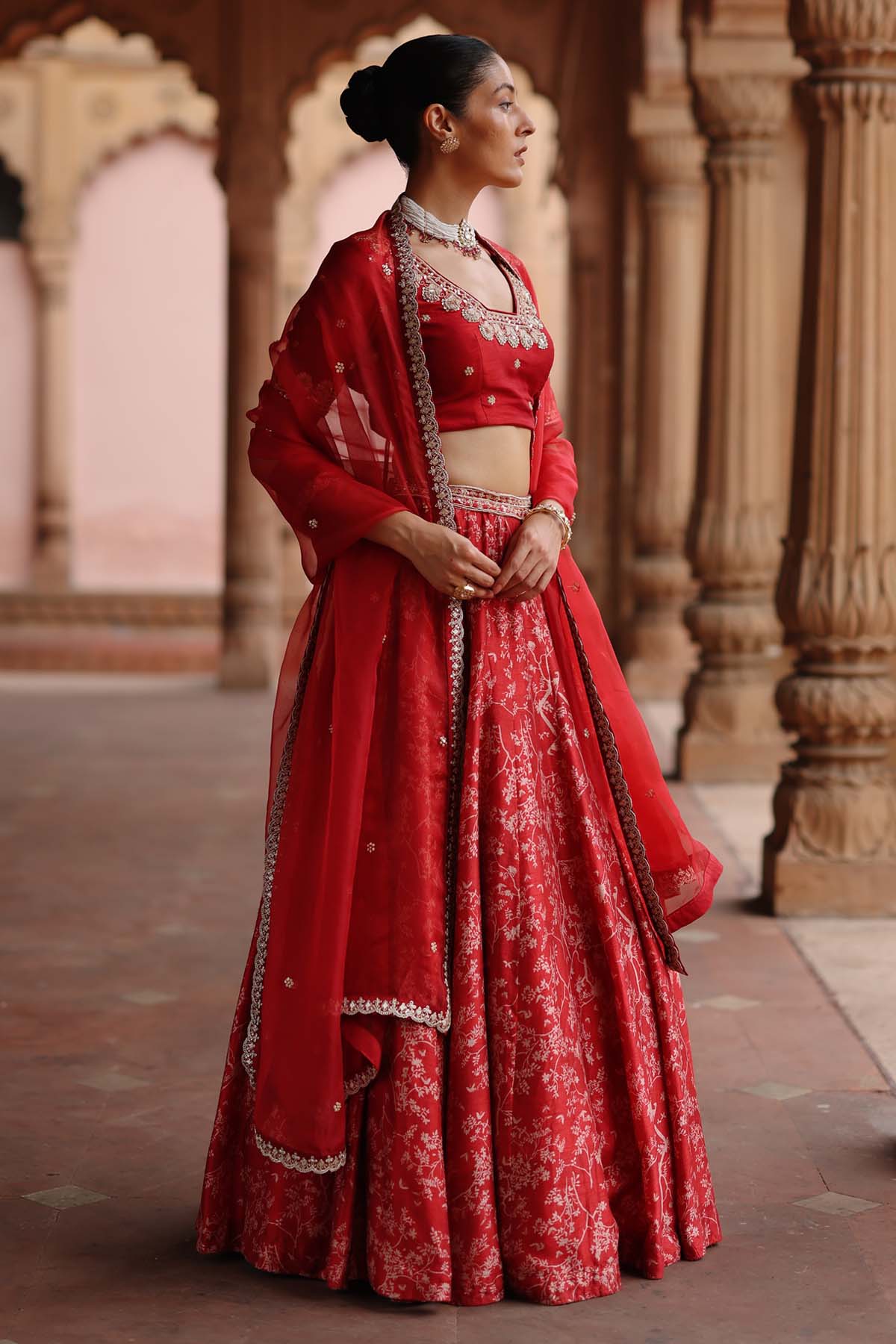Red Zardosi Print Lehenga Set