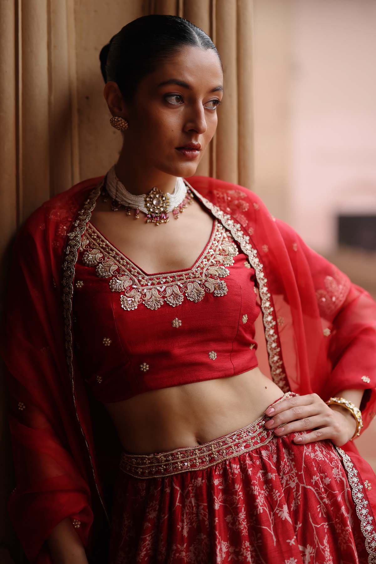 Red Zardosi Print Lehenga Set