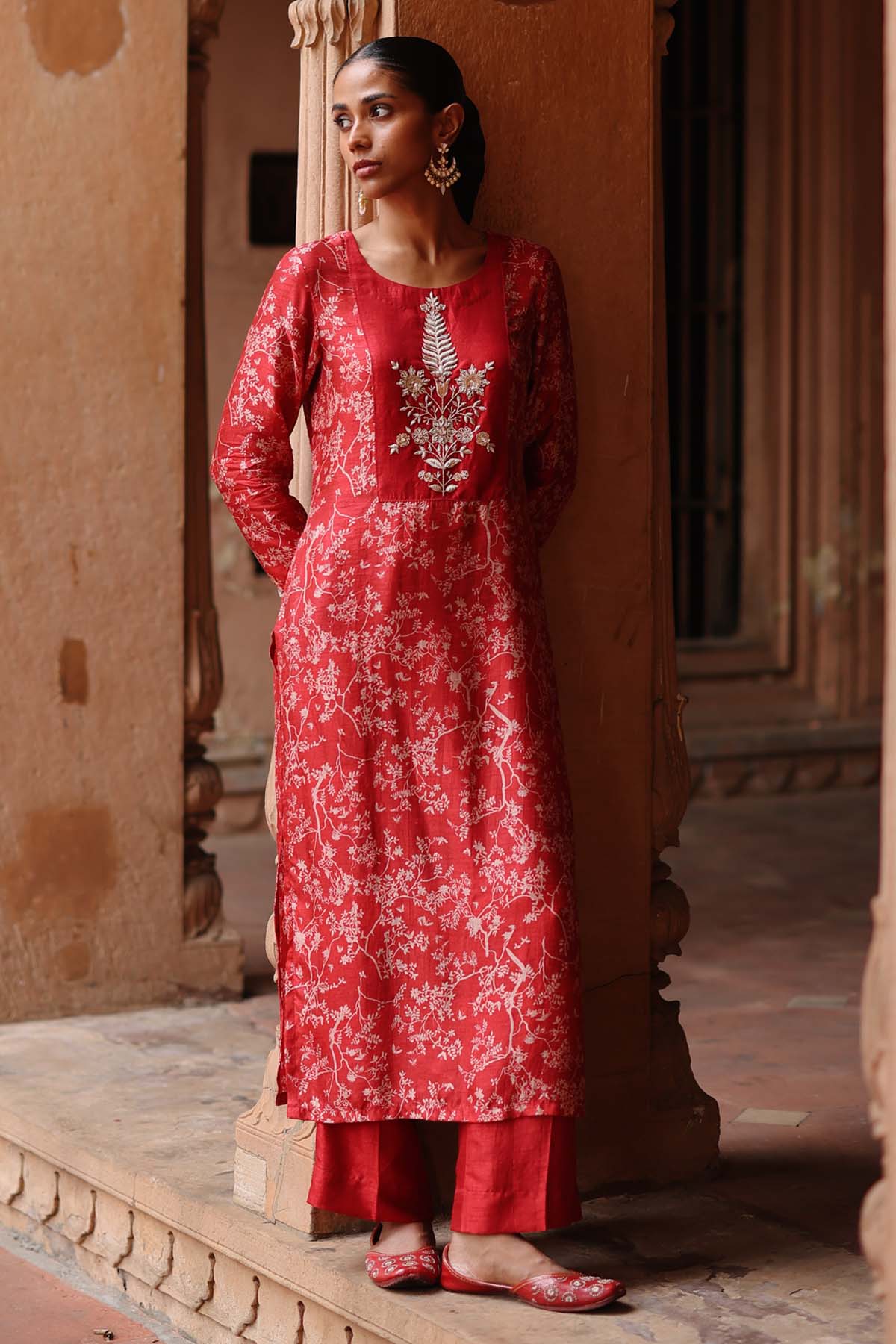 Megha Pitti Red Zardosi Printed Kurta Set for women online at ScrollnShops