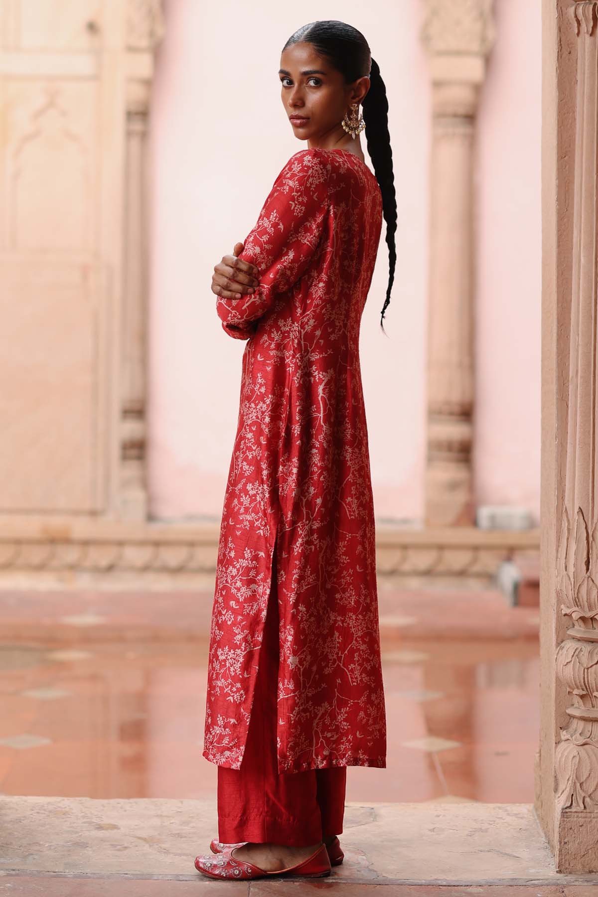 Red Zardosi Printed Kurta Set