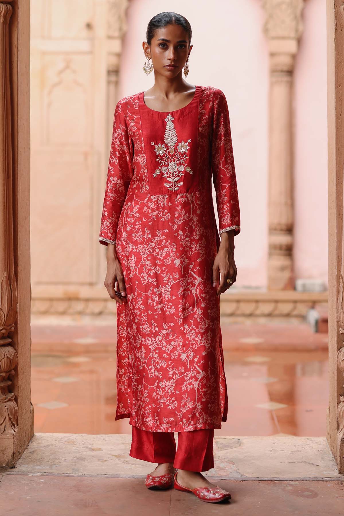 Red Zardosi Printed Kurta Set