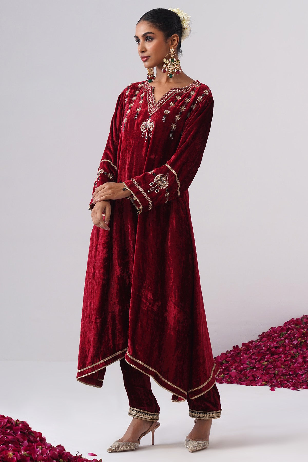 Red Zardozi Pearl Kurta Pants