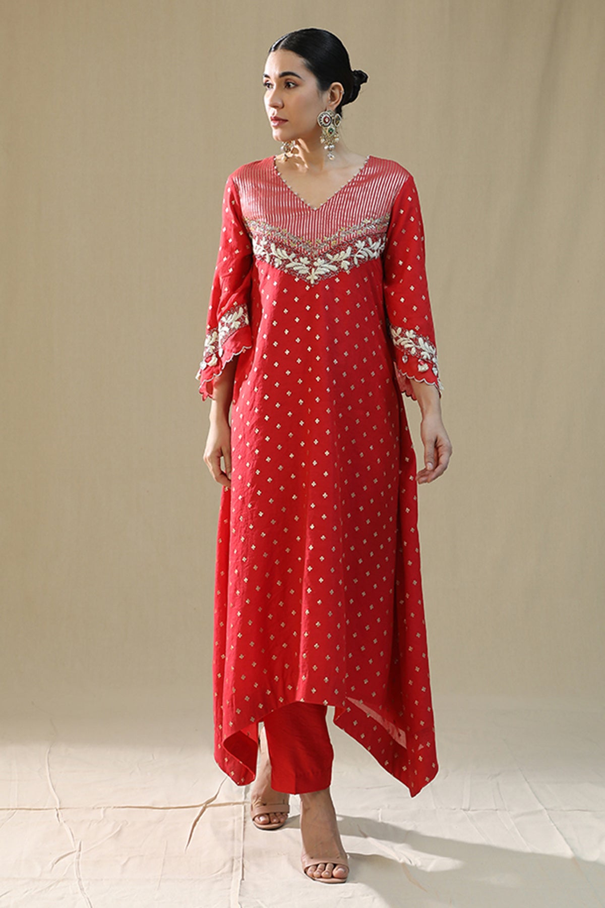 Red Zardozi V-Neck Kurta Set