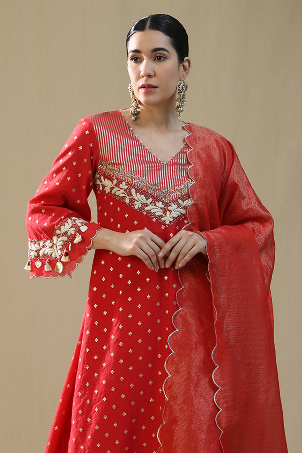 Red Zardozi V-Neck Kurta Set