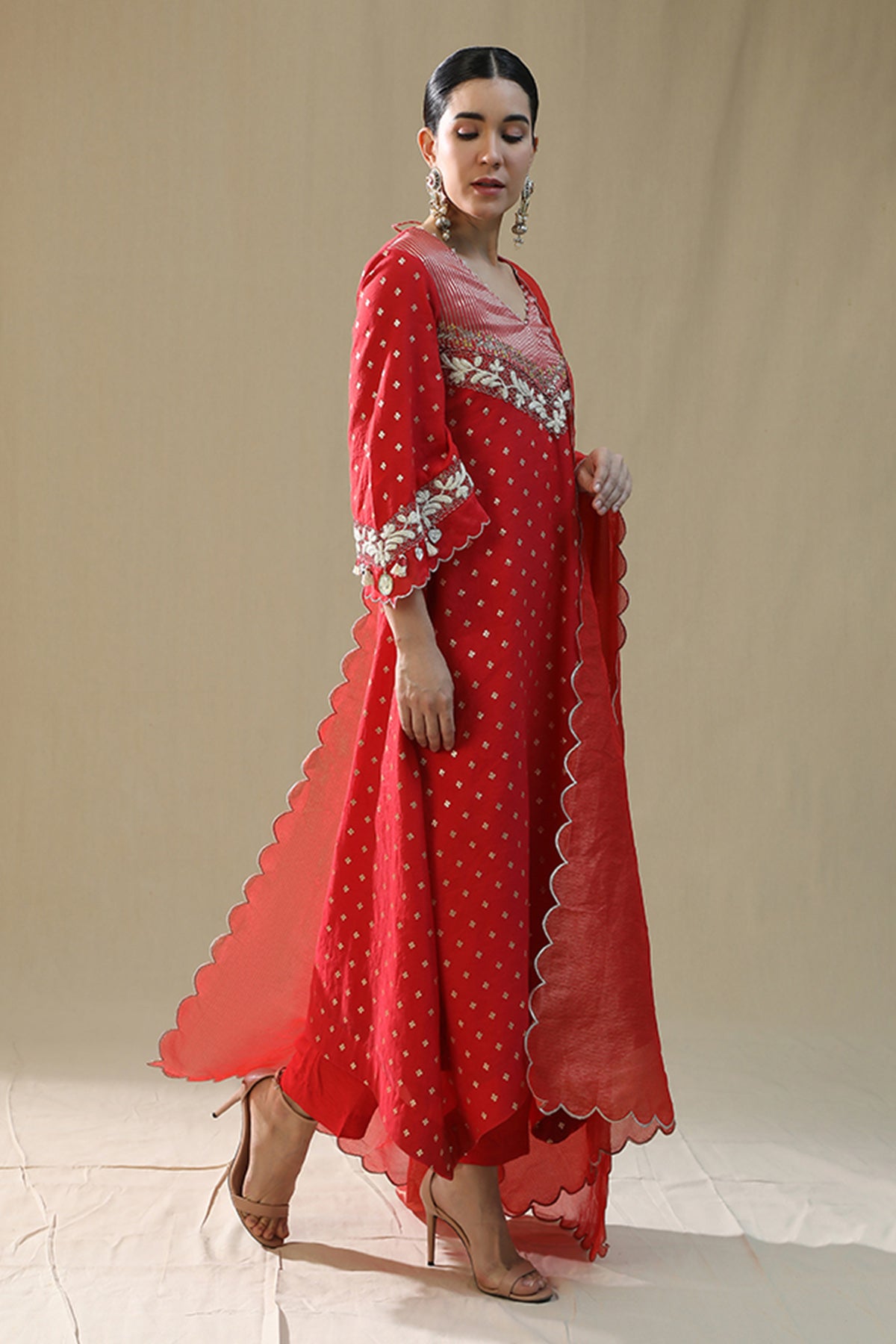 Red Zardozi V-Neck Kurta Set