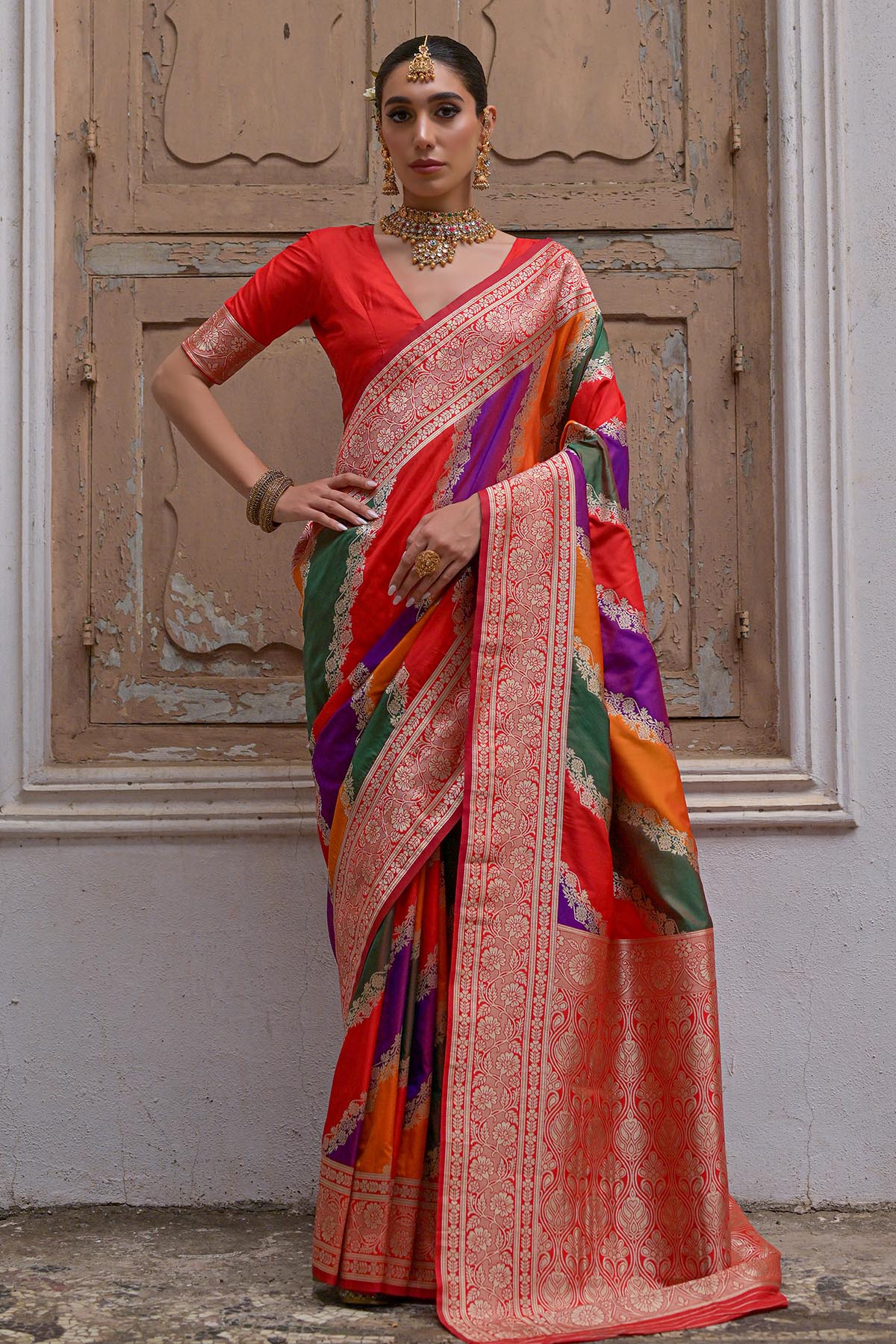 Buy Red Zari Banarasi Silk Saree by Lili Lala for women online at ScrollnShops