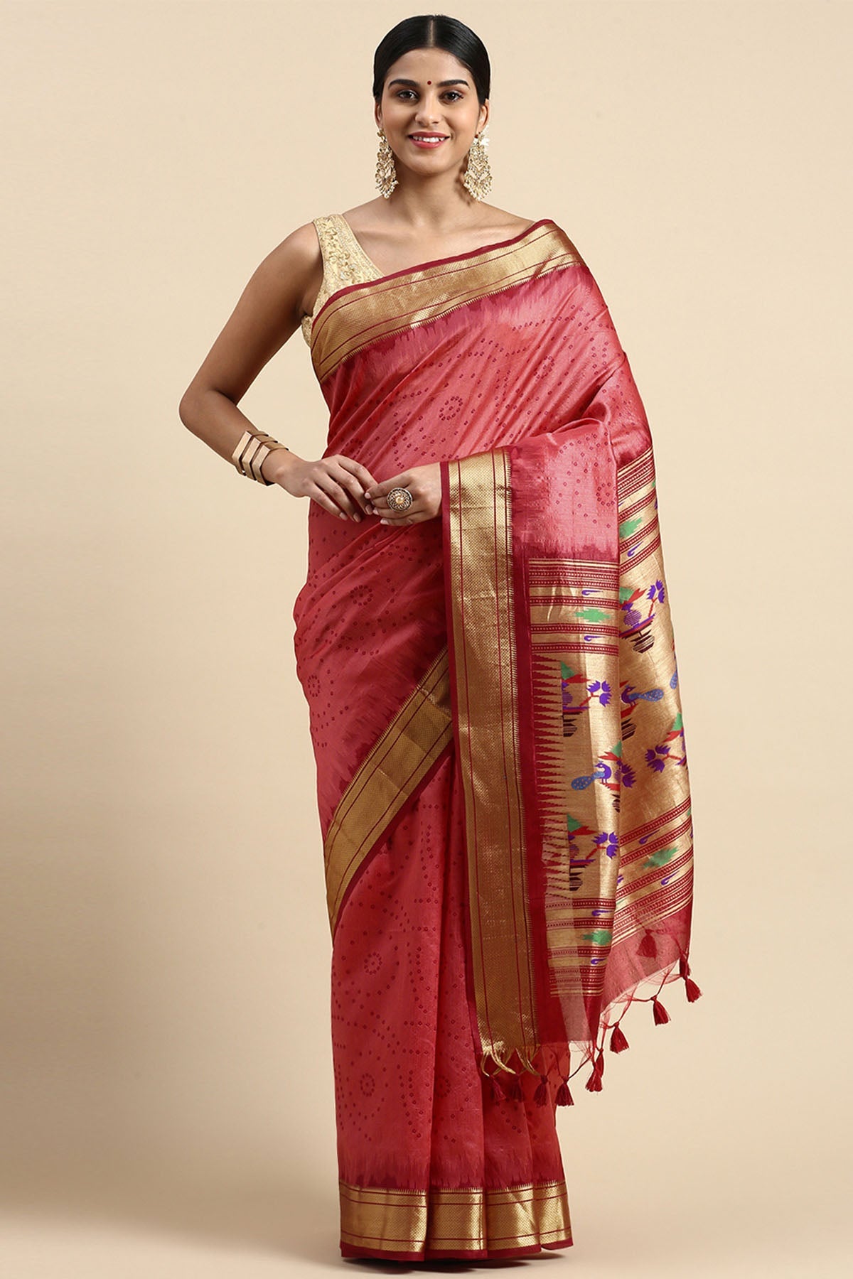 Buy Red Zari Bandhni Design Saree by Lili Lala for women online at ScrollnShops