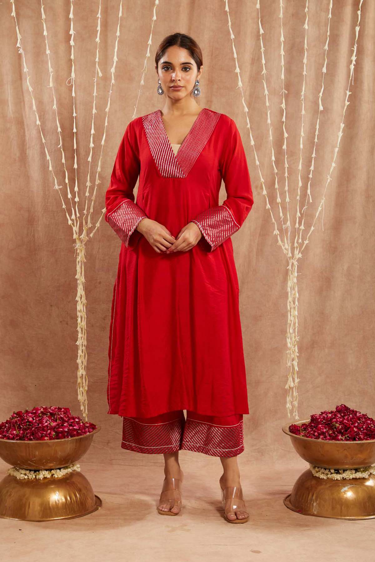 Buy Red Zari Chanderi Kurta & Pants by Nero for women online at ScrollnShops