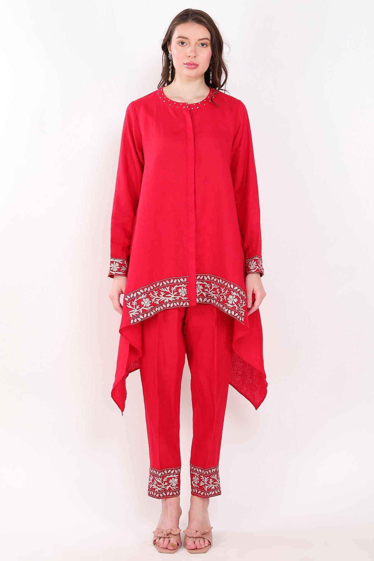 Linen Bloom Red Zari Embroidered Co-ord set for women online at ScrollnShops