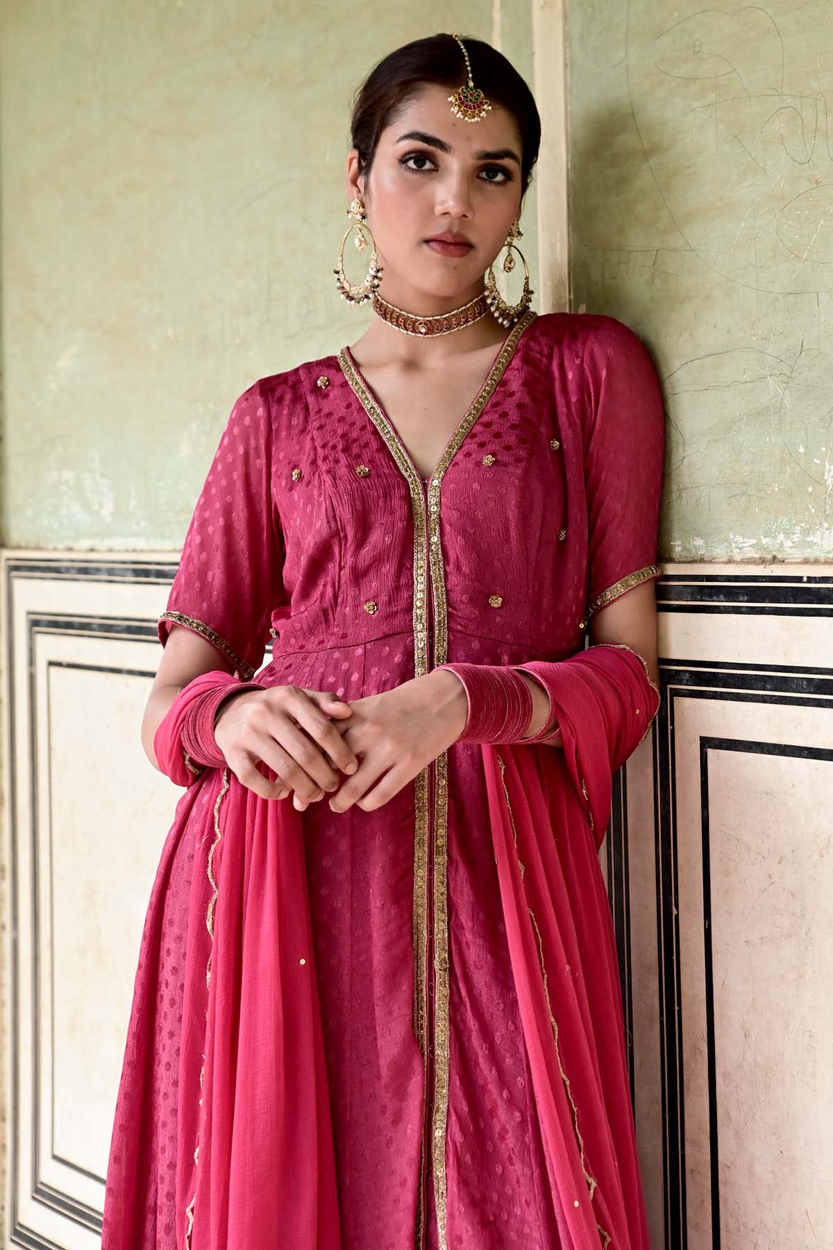 Red Zari Embroidered Kurta Set