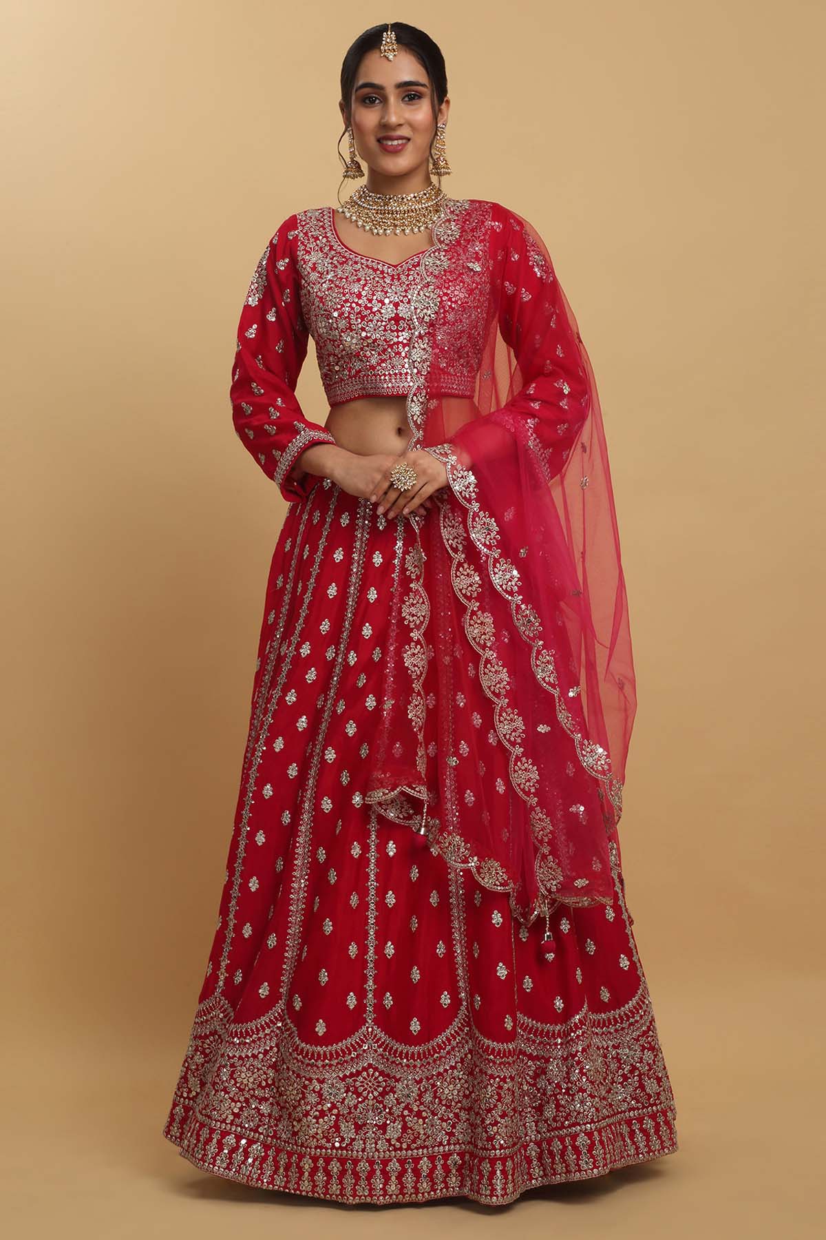 Aham Vayam Red Zari Embroidered Lehenga Set for women online at ScrollnShops