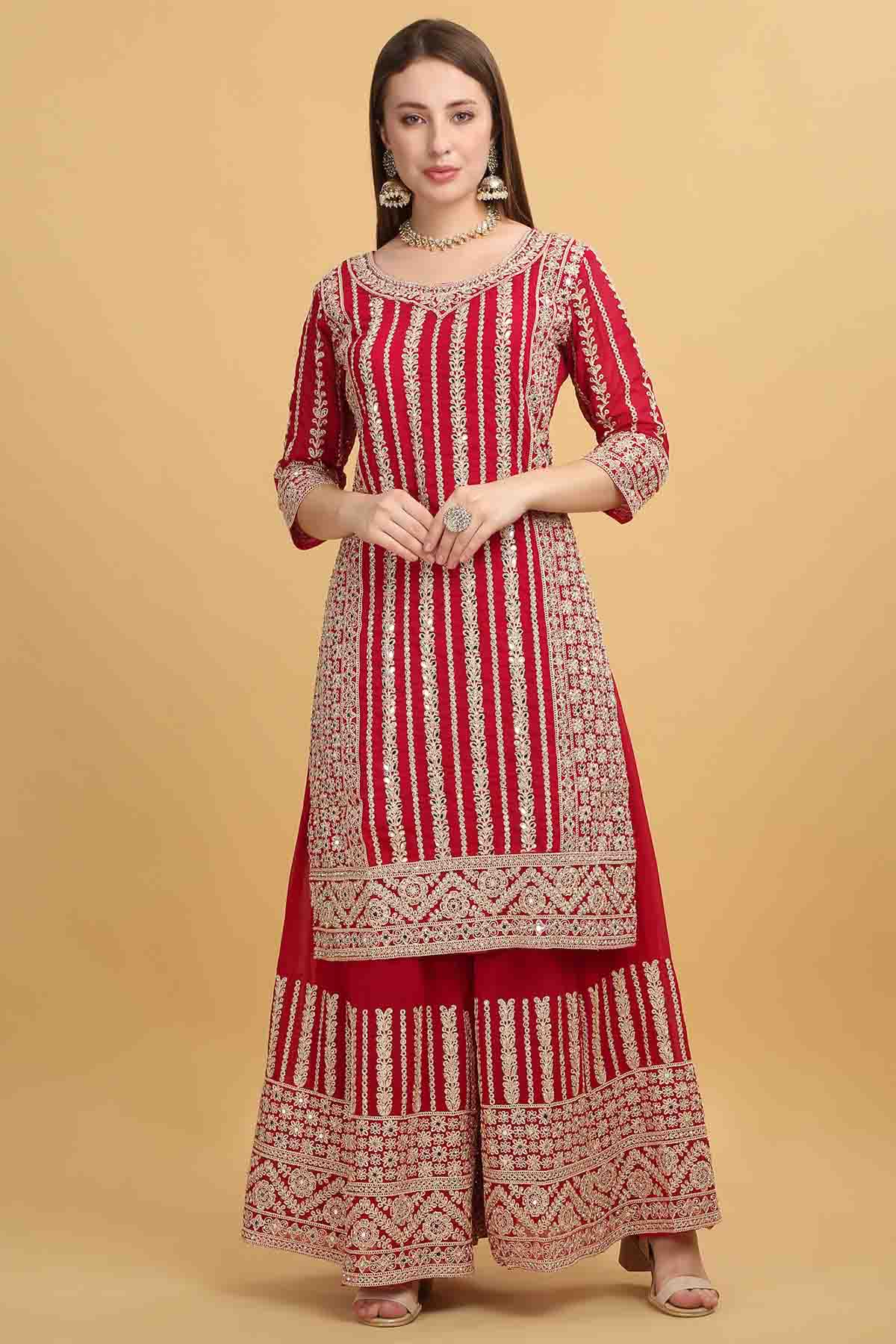 Red Zari Embroidered Sharara Set