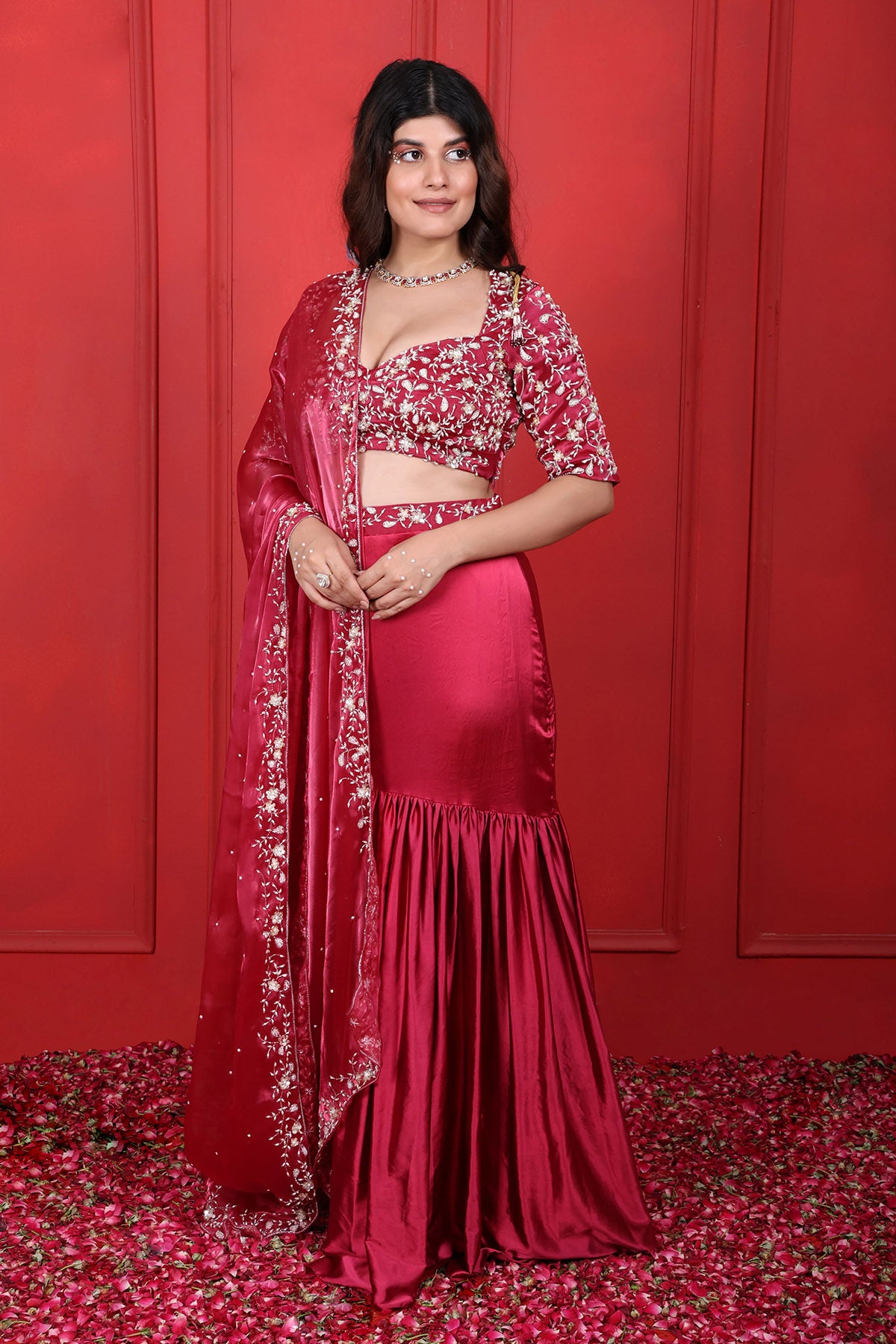 Red Zari Fish-Cut Lehenga Set