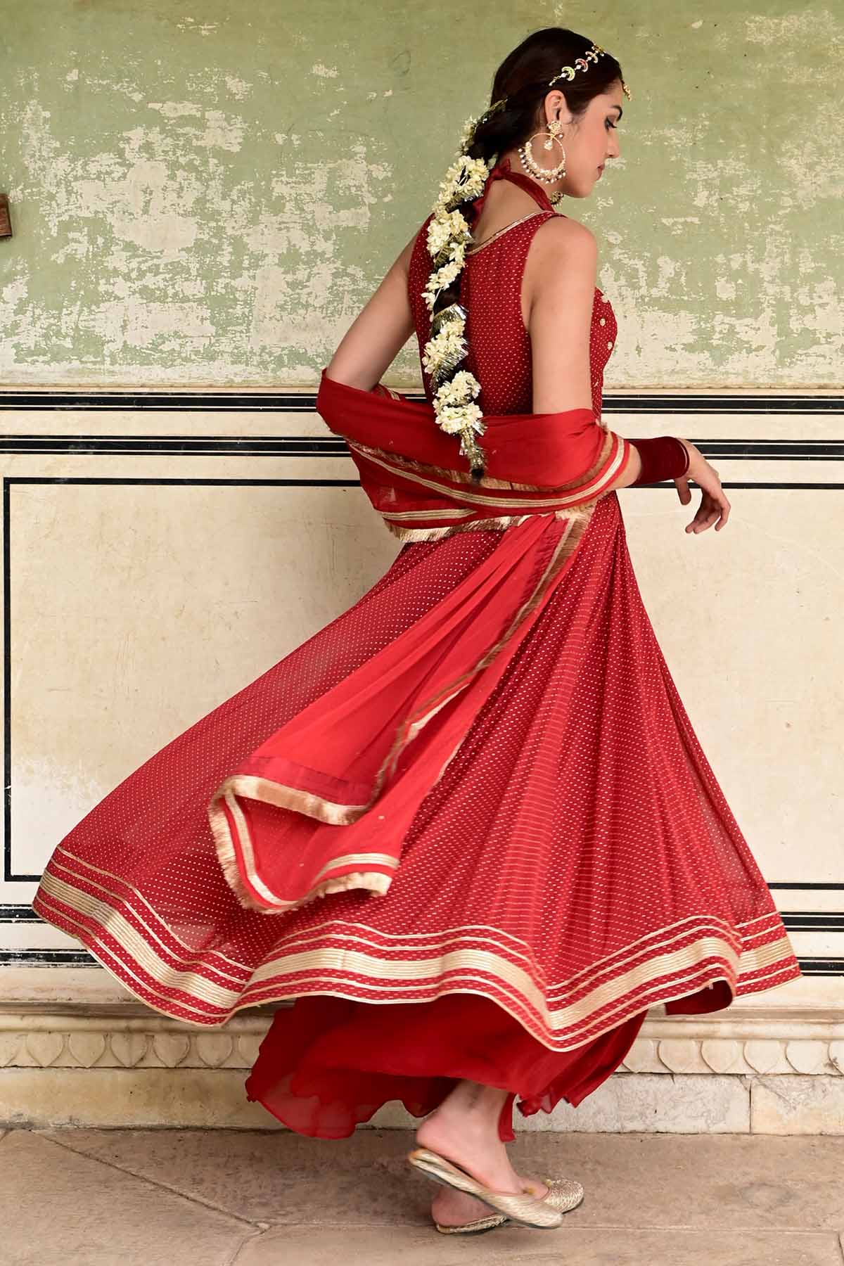 Red Zari Lace Work Anarkali Set