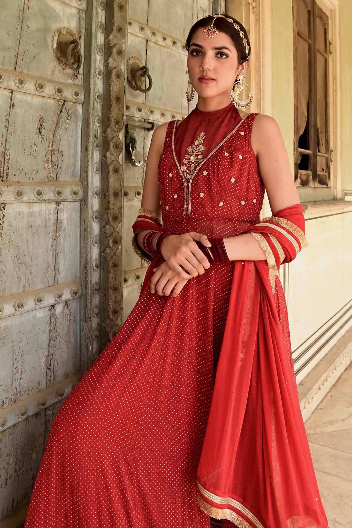 Red Zari Lace Work Anarkali Set