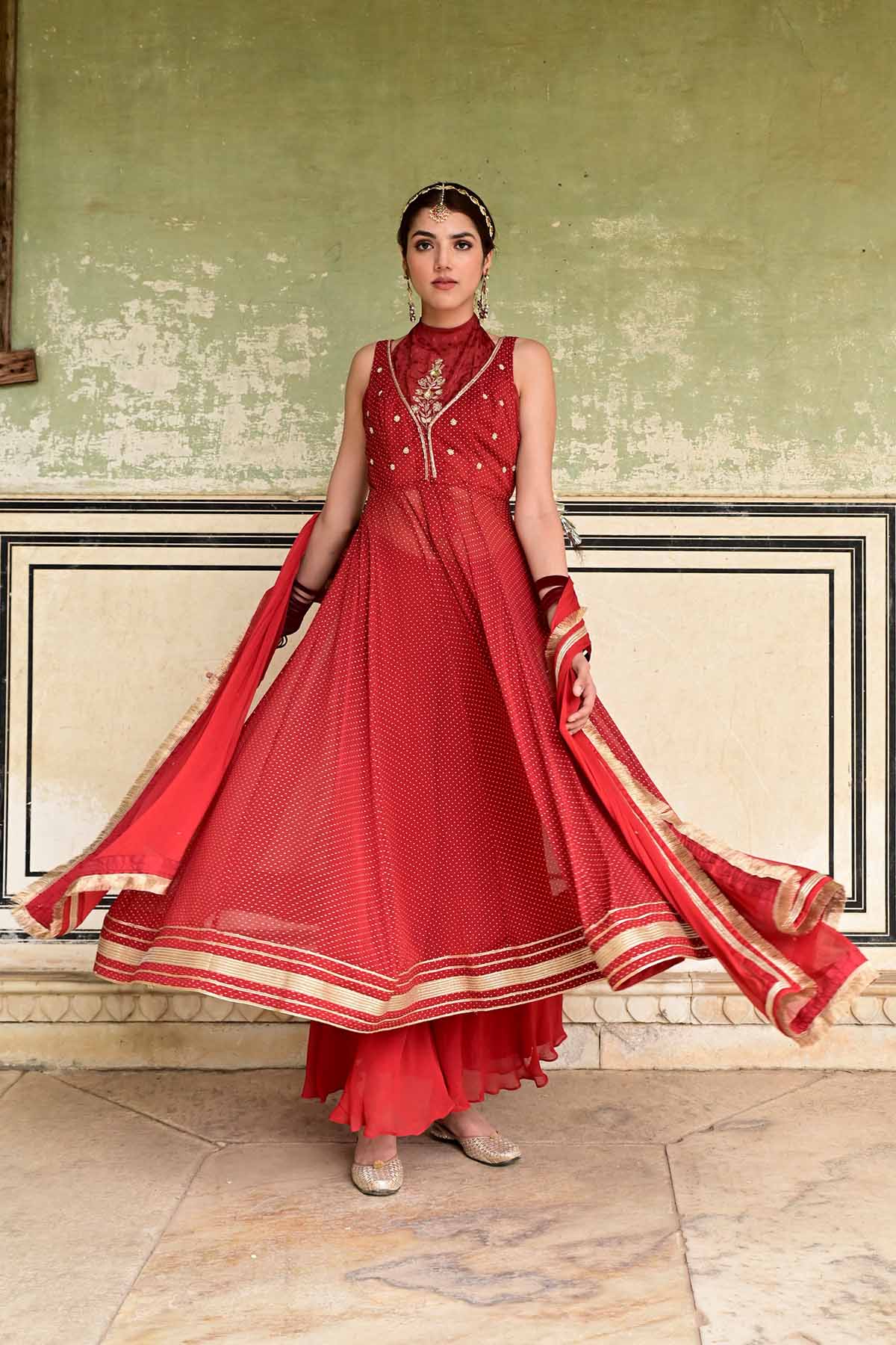 Red Zari Lace Work Anarkali Set