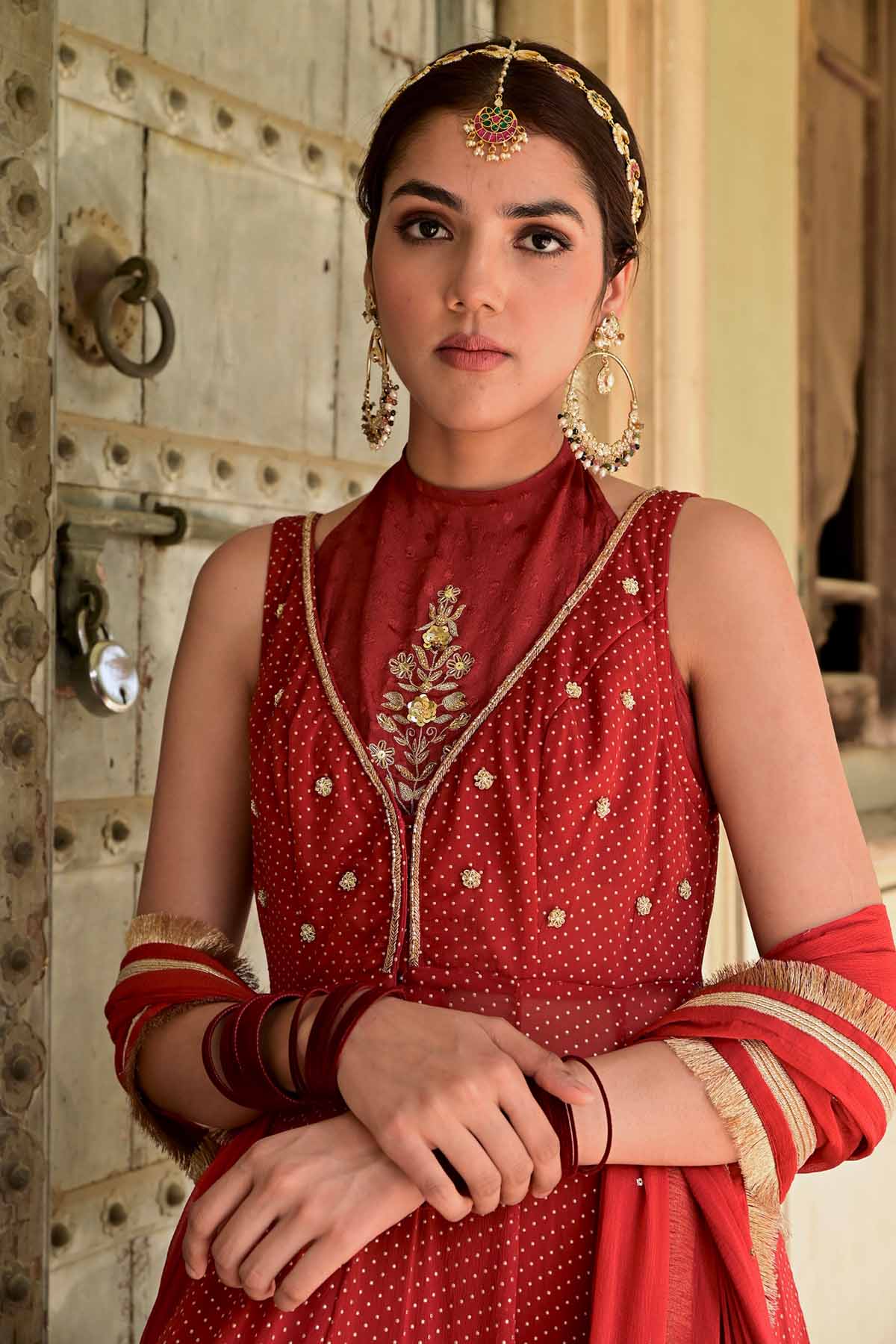 Red Zari Lace Work Anarkali Set