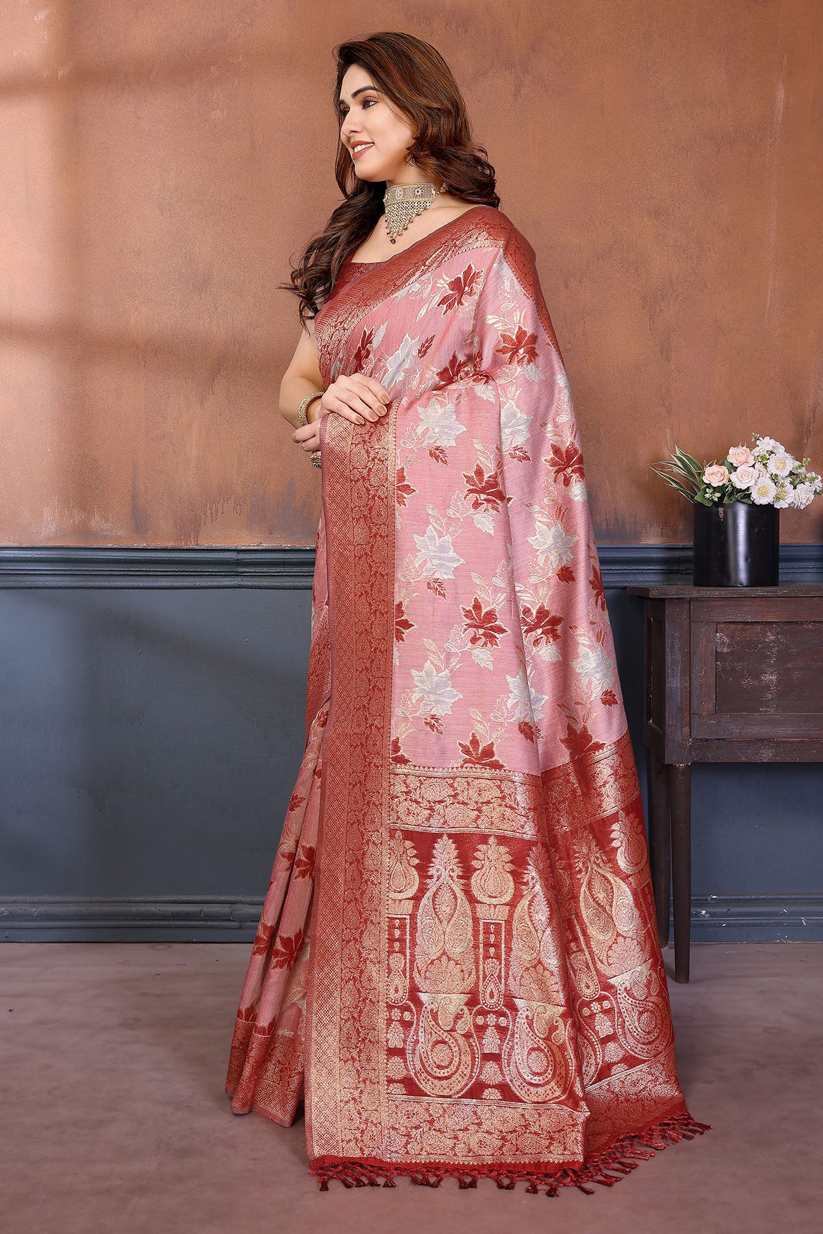 Red Zari Weaving Tassel Saree