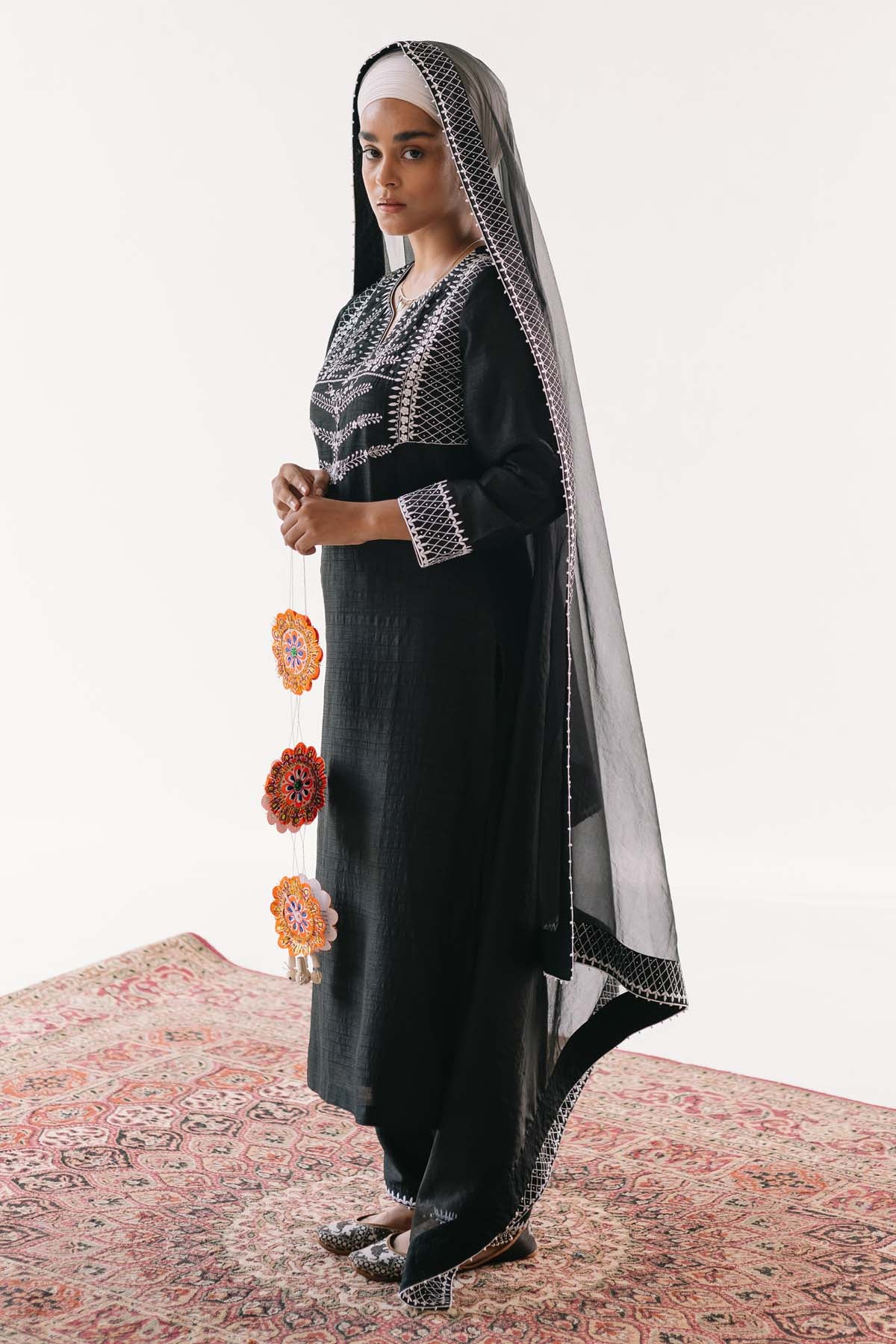 Yoke Embroidered Black Kurta Set