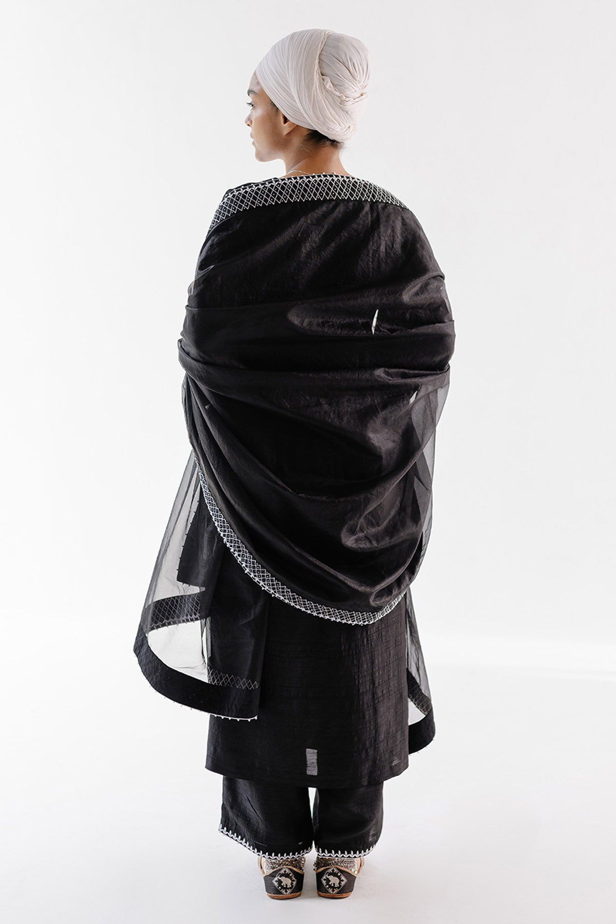 Resham Embroidered Black Raw Silk Kurta Set