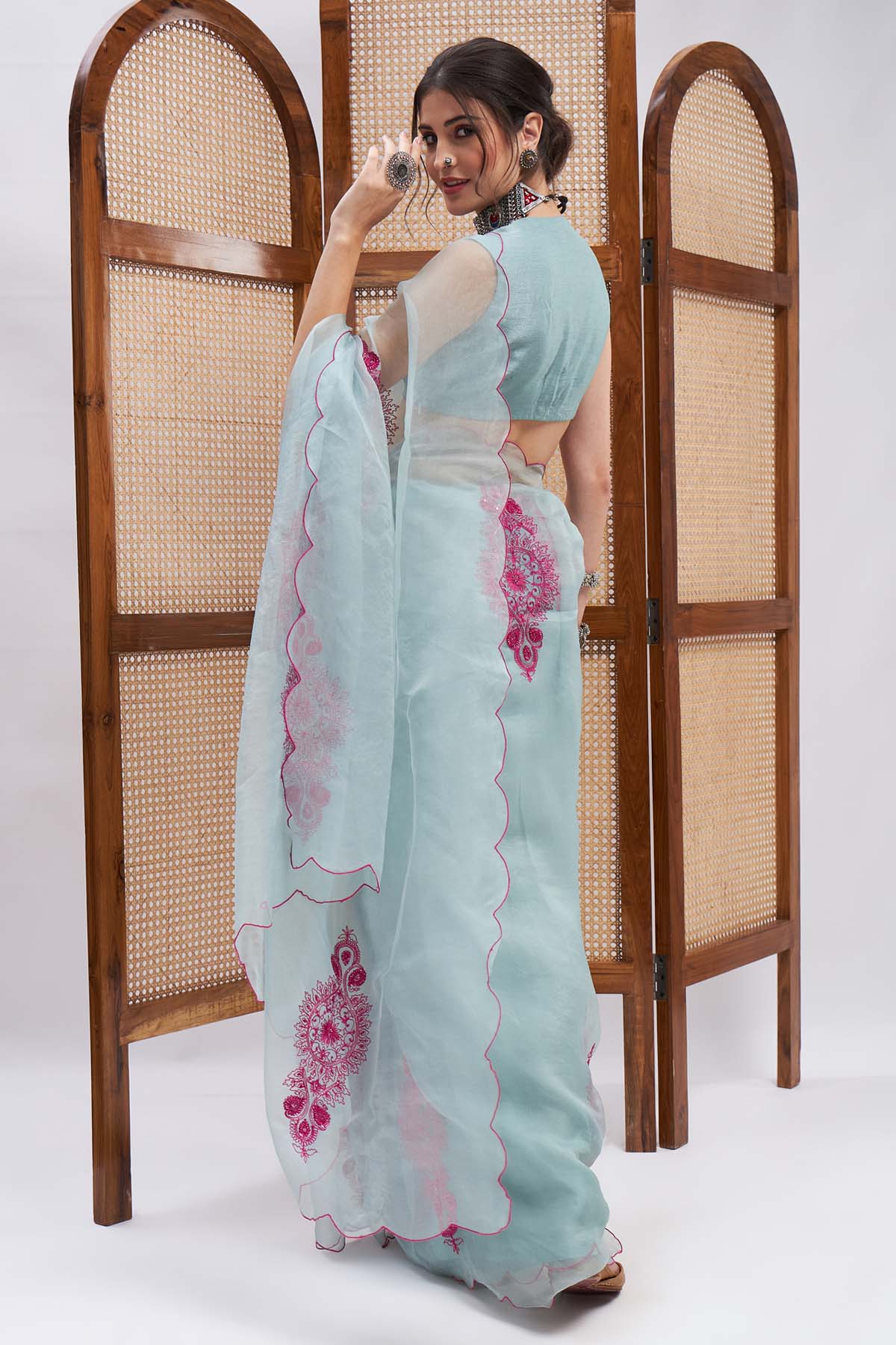 Resham Embroidered Blue Saree