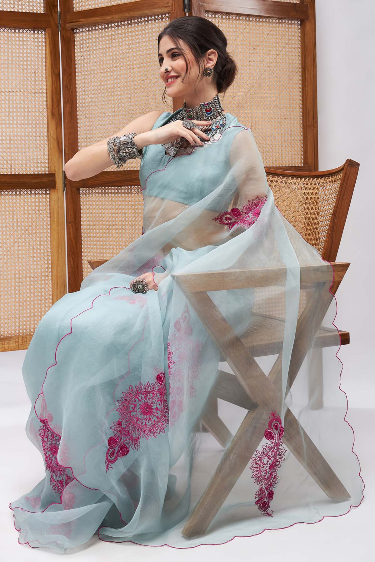 Resham Embroidered Blue Saree