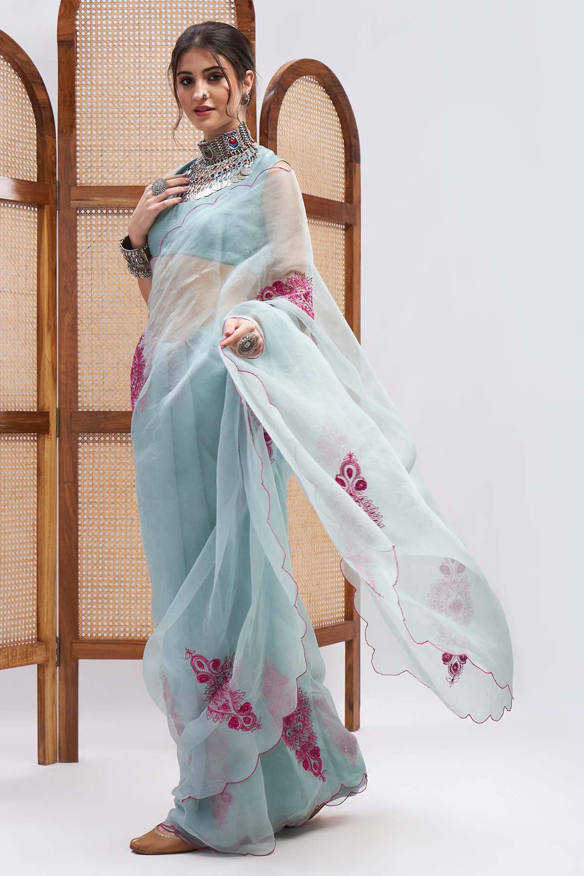 Resham Embroidered Blue Saree