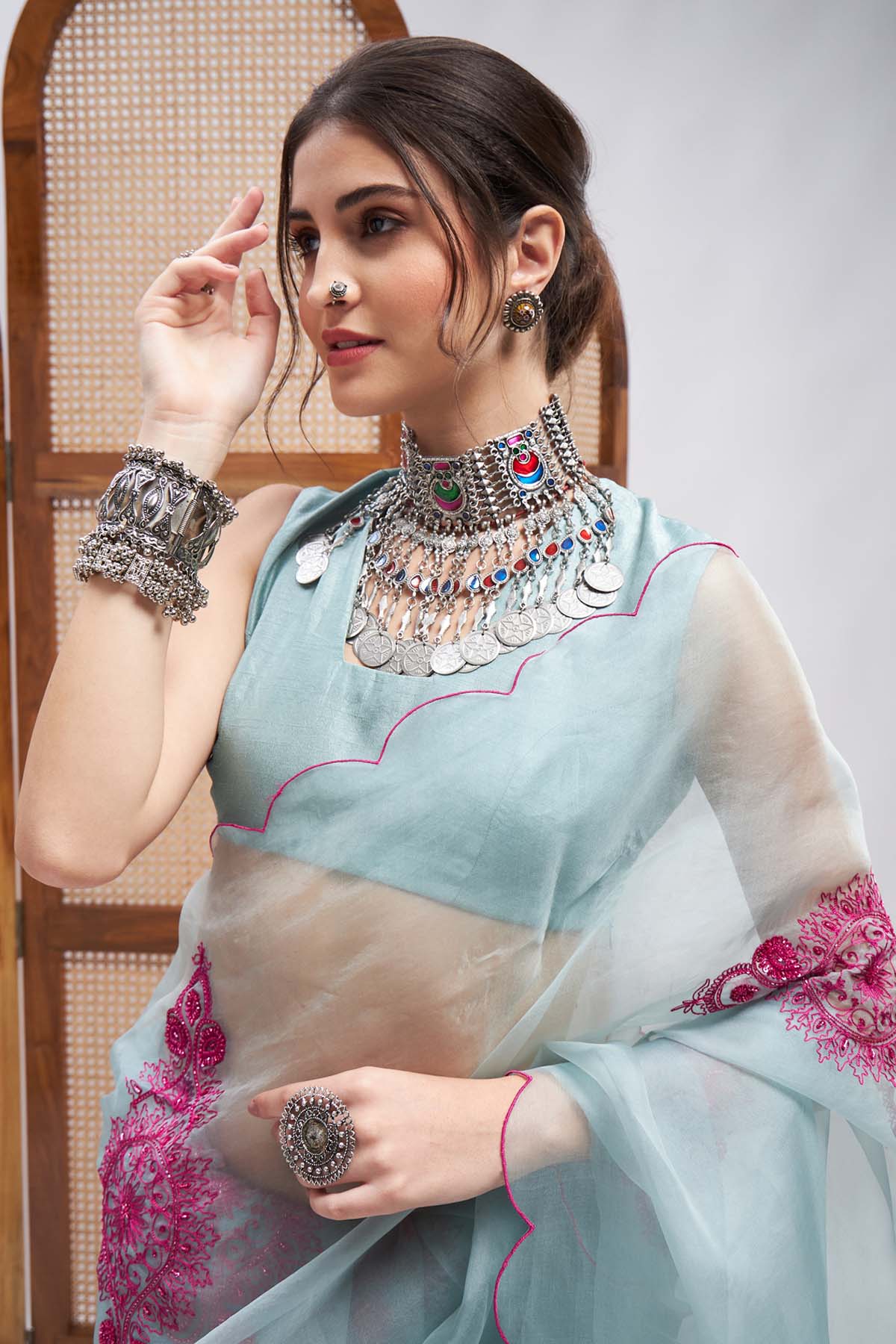 Resham Embroidered Blue Saree