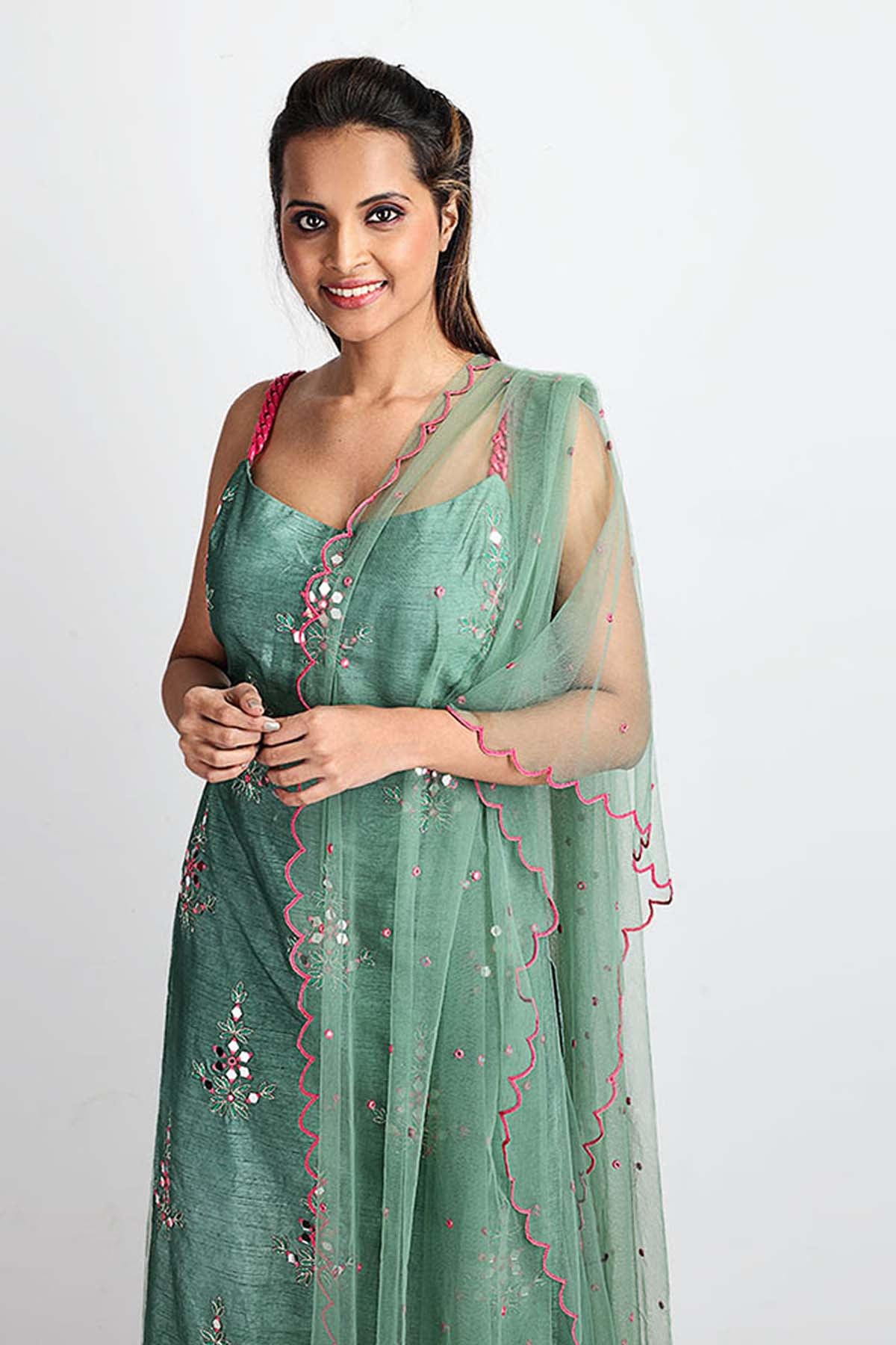 Green Mirror Work Kurta Set
